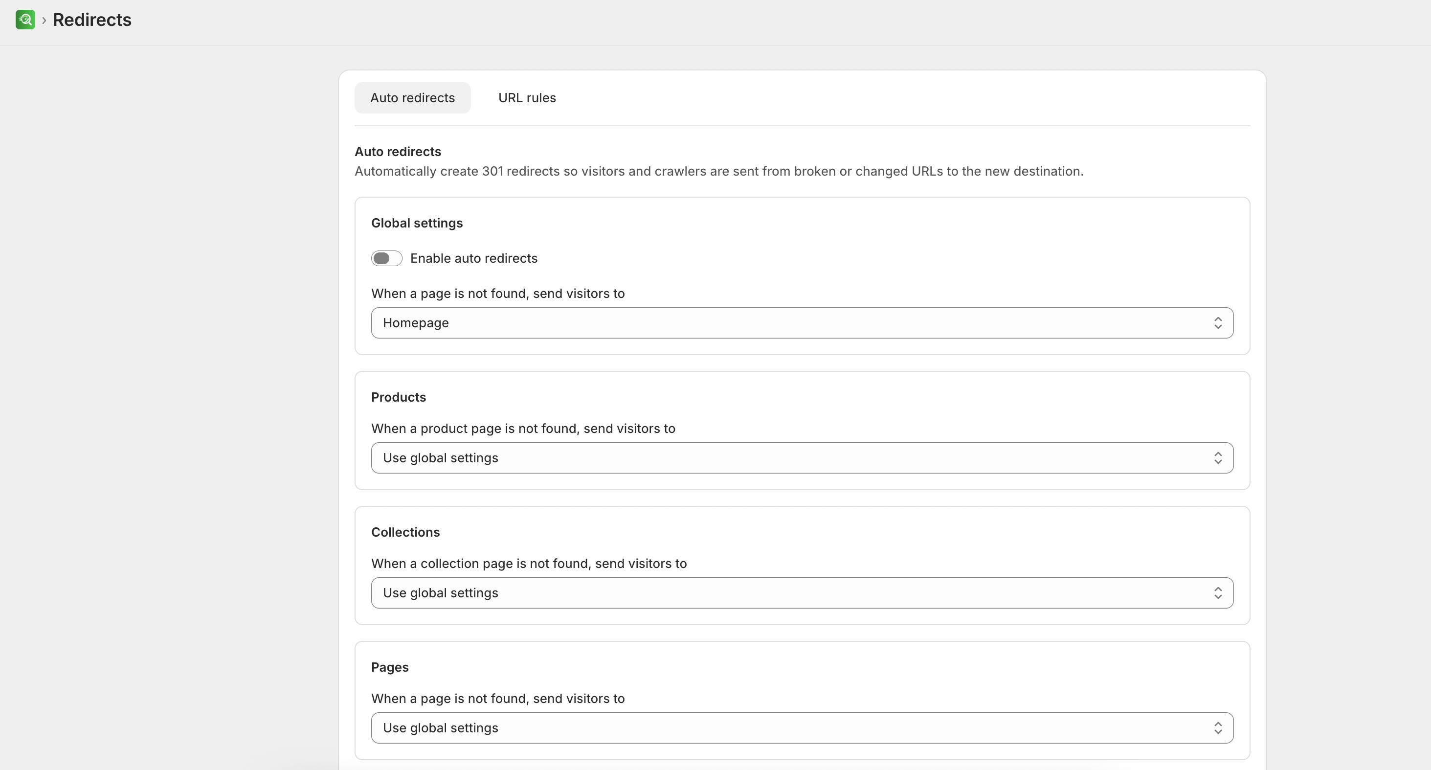 Auto redirects settings