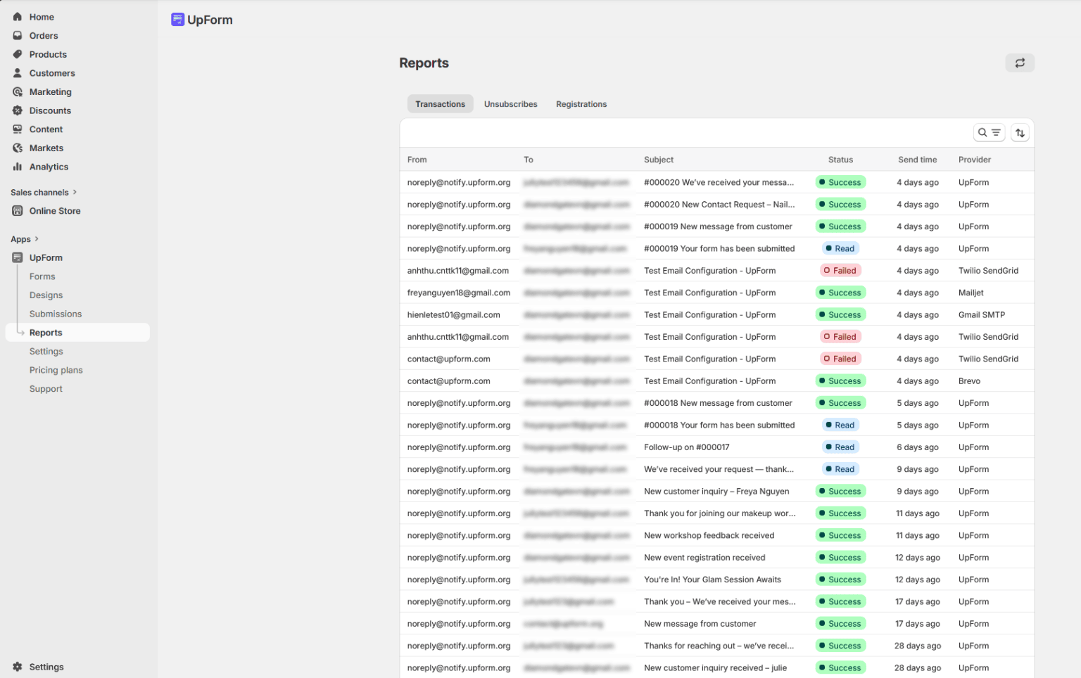 Reports transactions email activity list