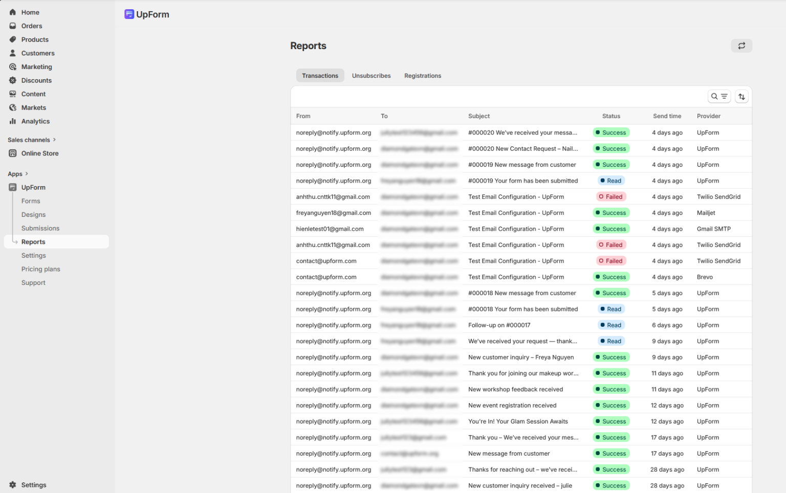Reports transactions email activity list