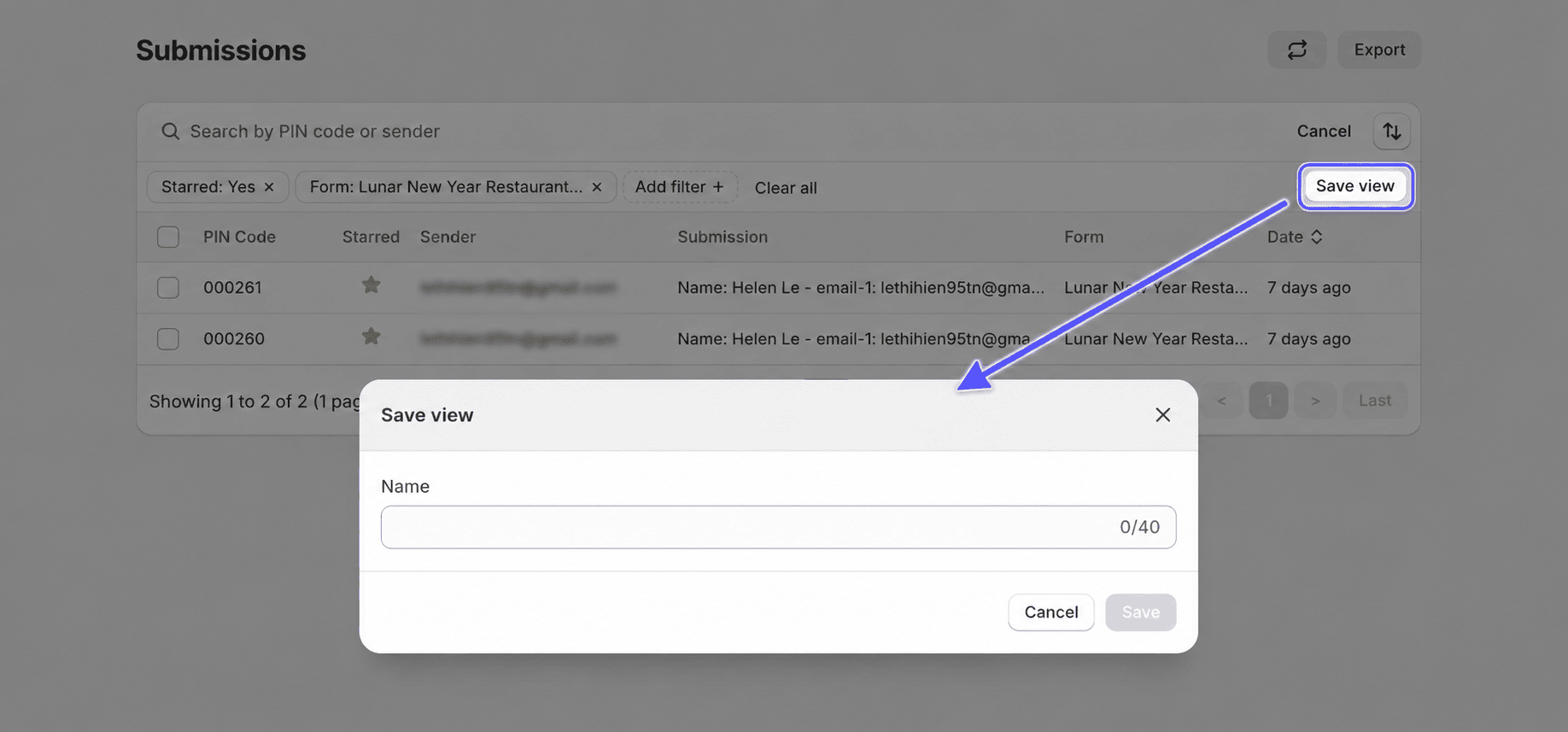 Save filter view name dialog
