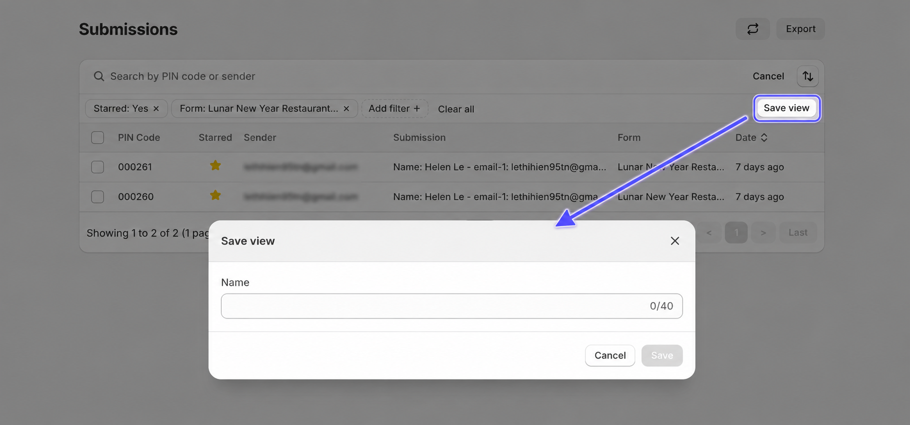 Save filter view name dialog