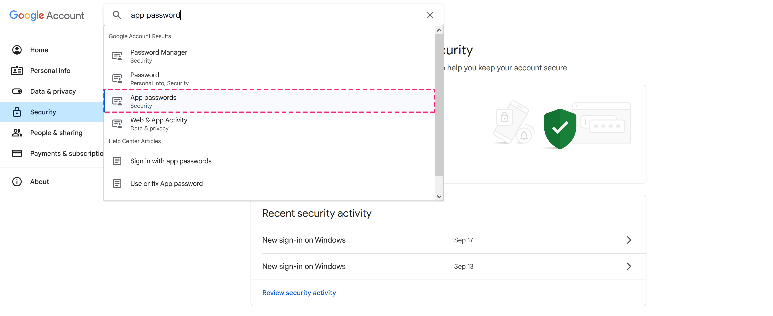 Search for App passwords in Google settings