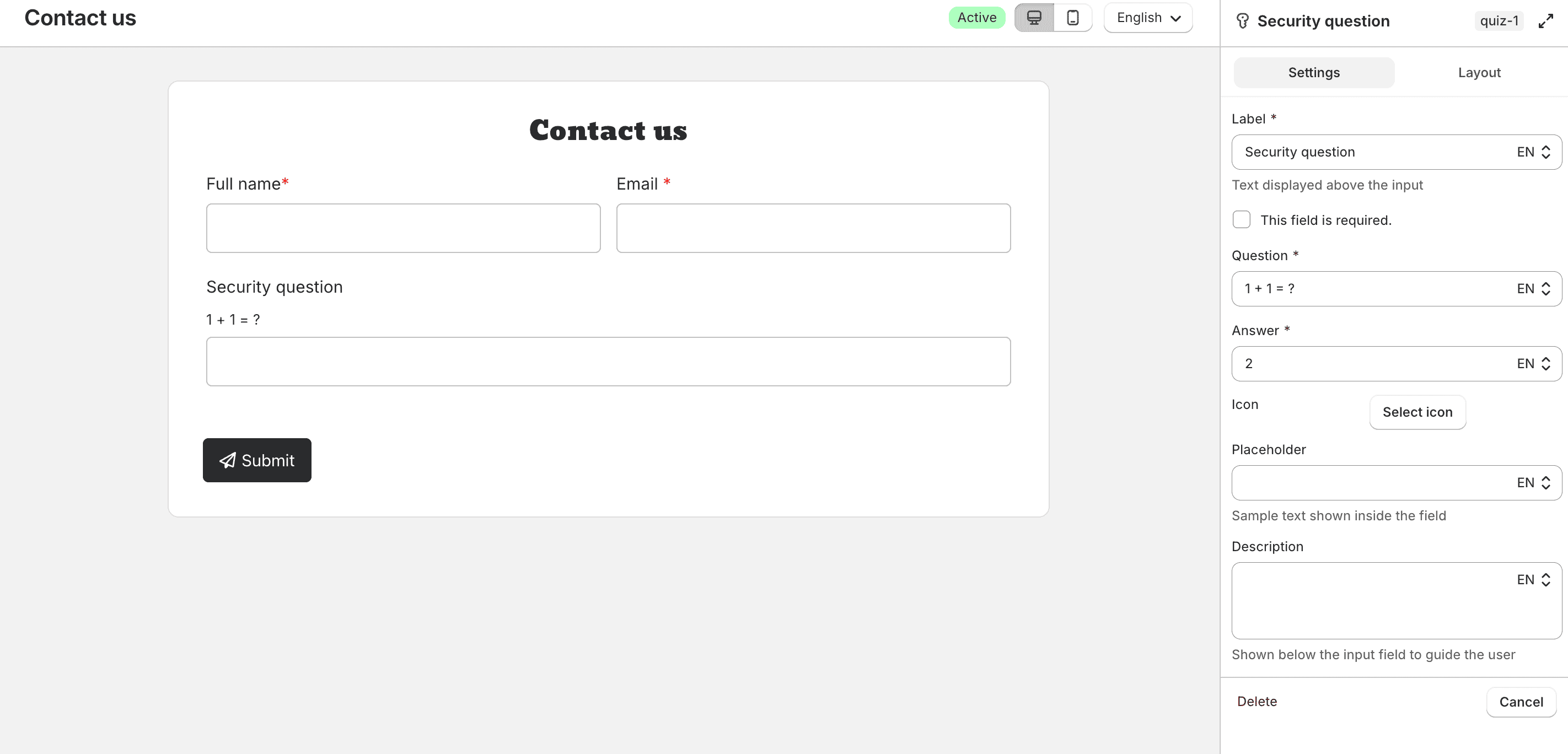 Security question field settings
