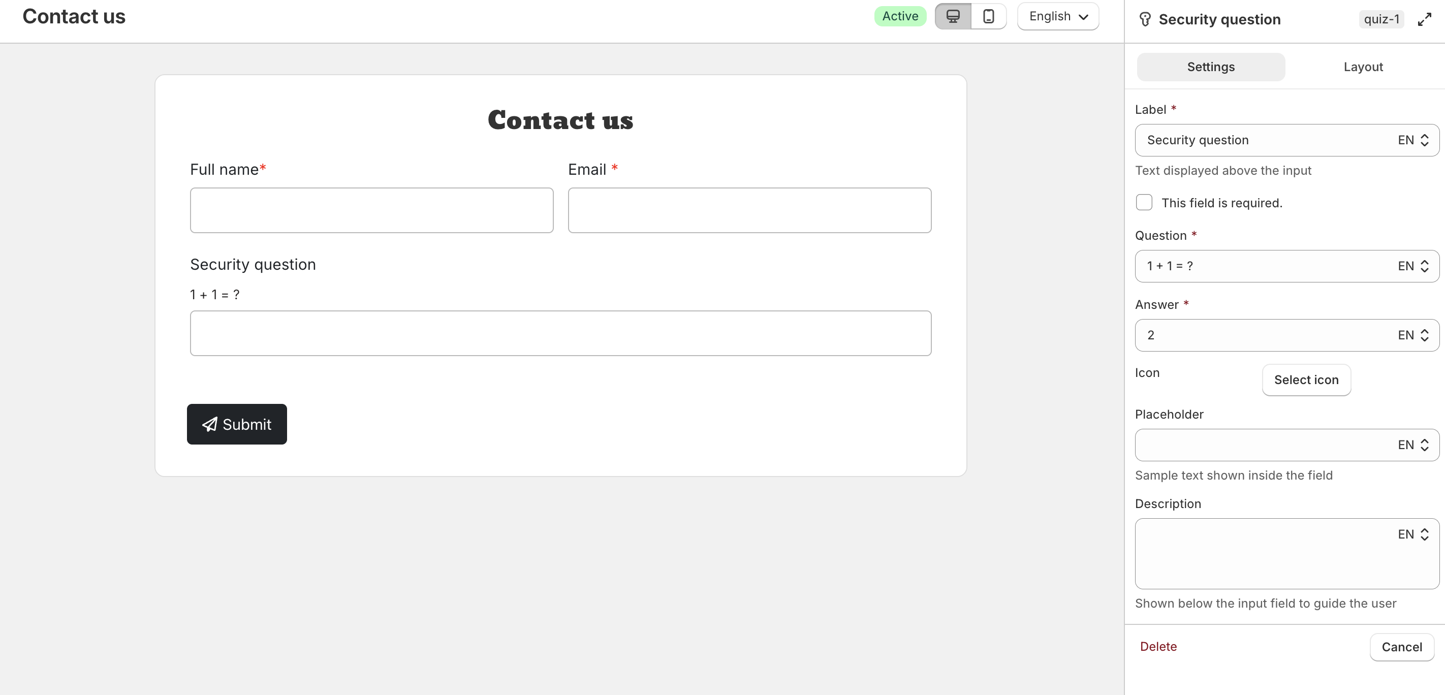 Security question field settings