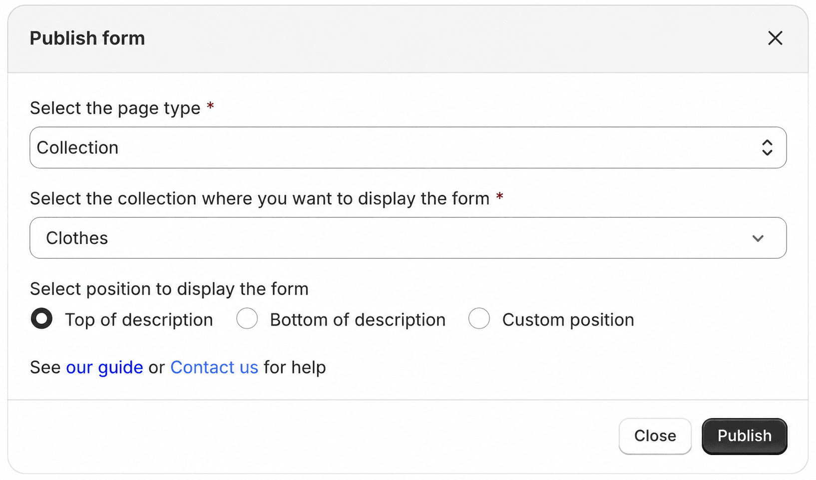 Select collection and form display position