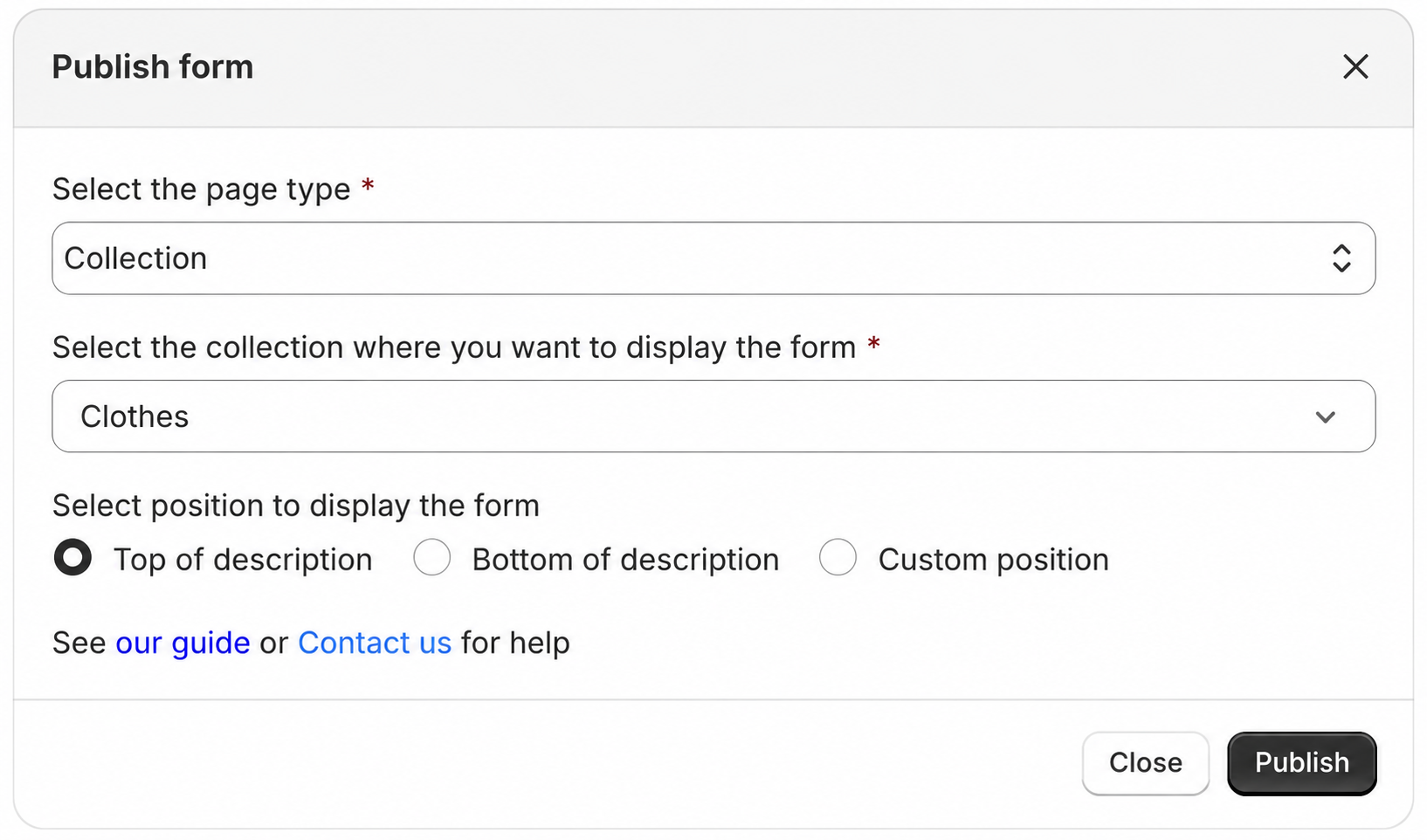 Select collection and form display position