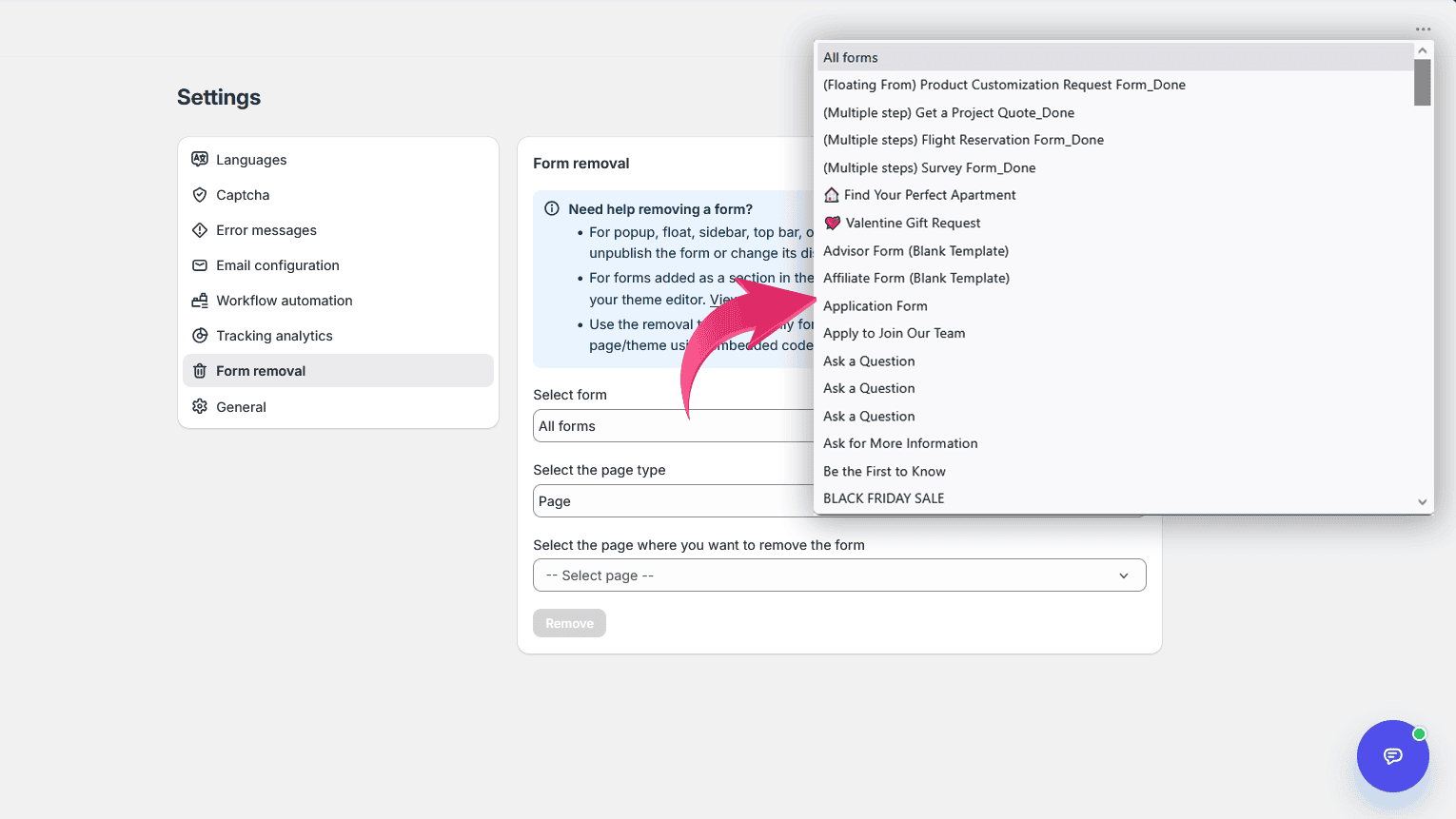 Select form for embed removal