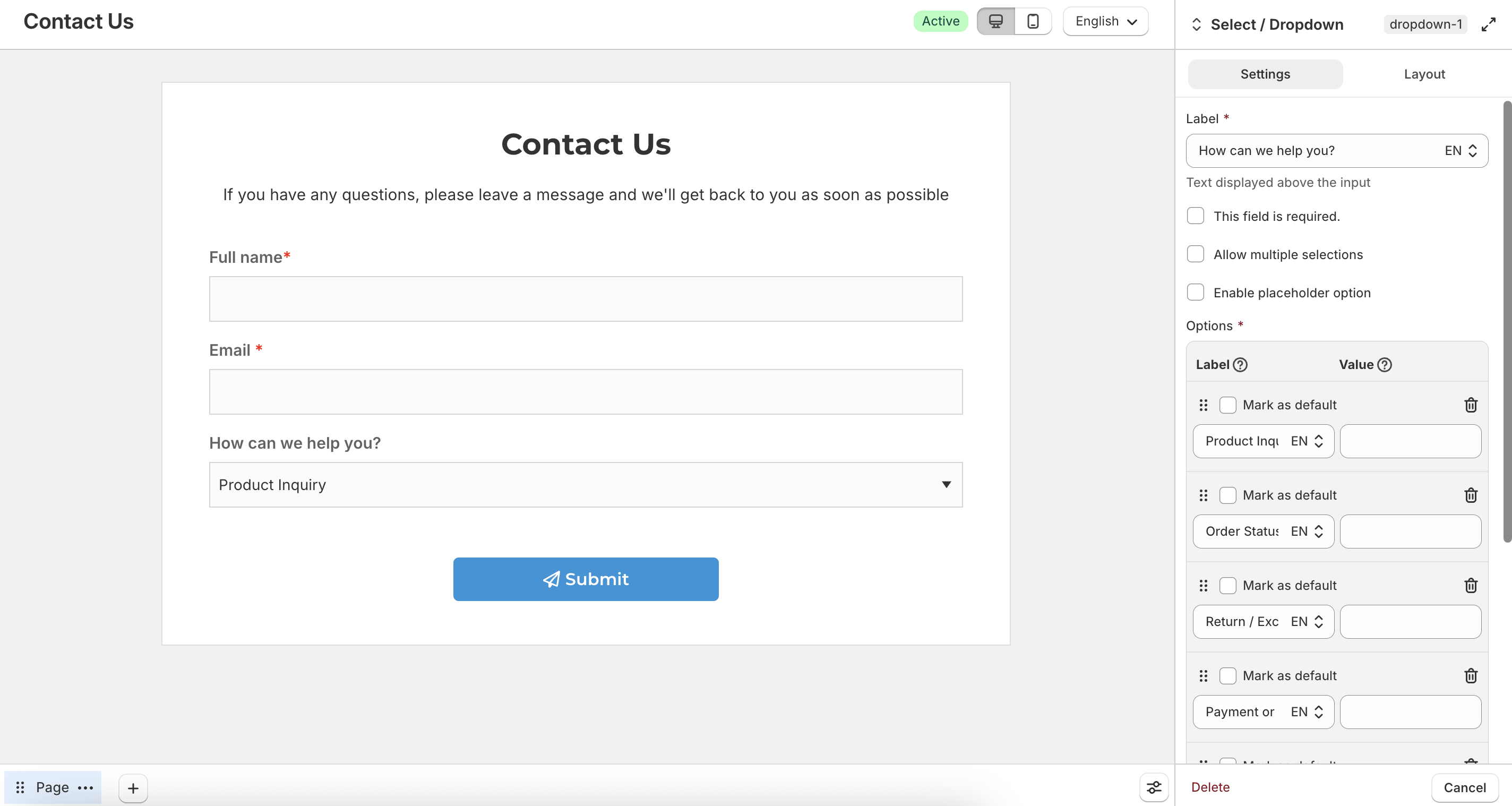 Select or dropdown field settings