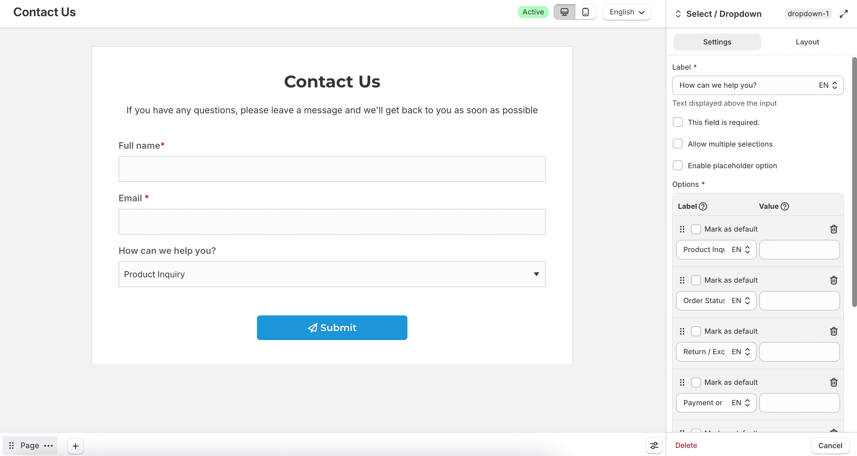 Select or dropdown field settings