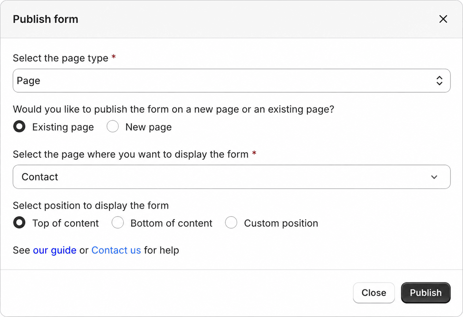 Select page and form display position