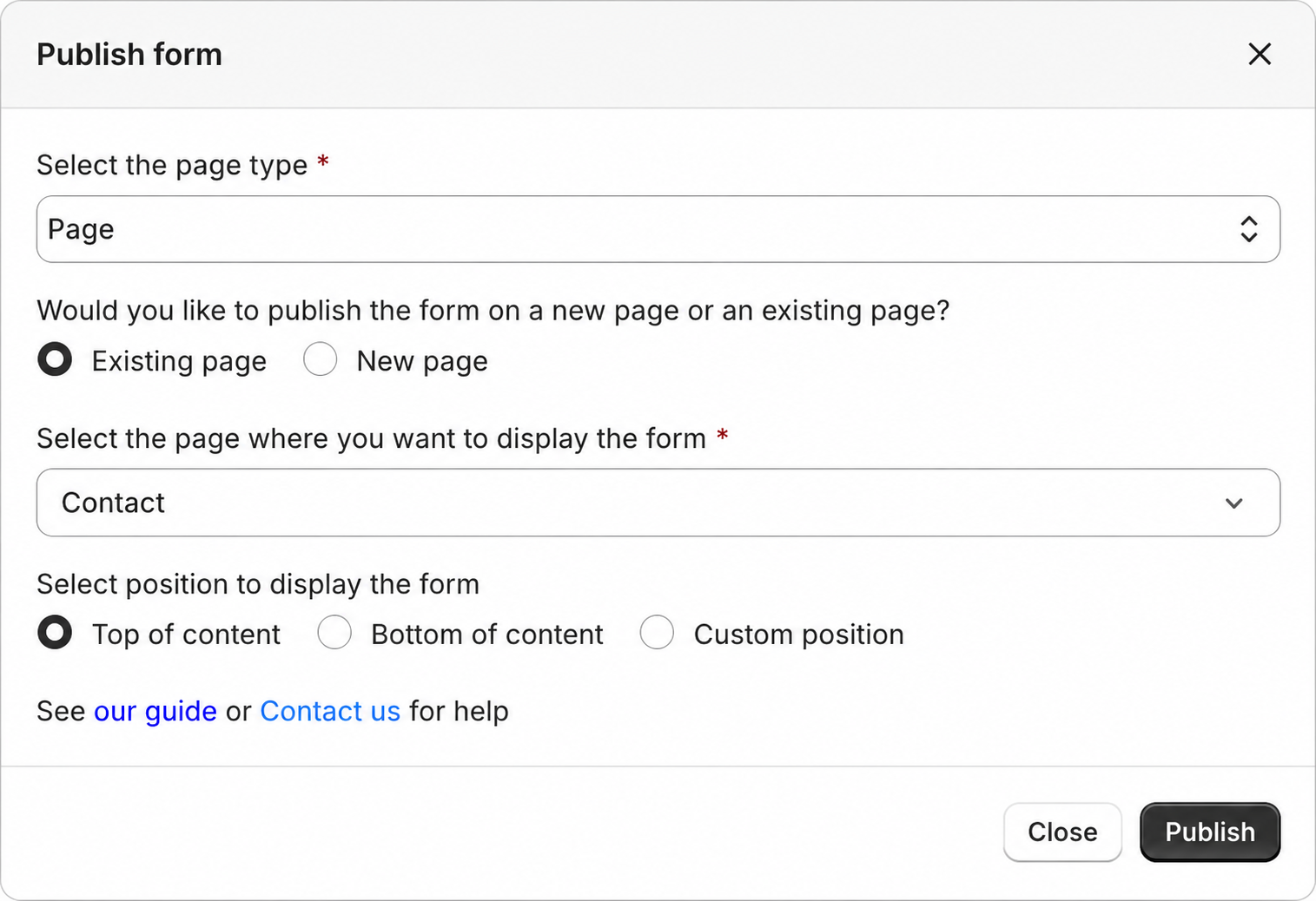 Select page and form display position