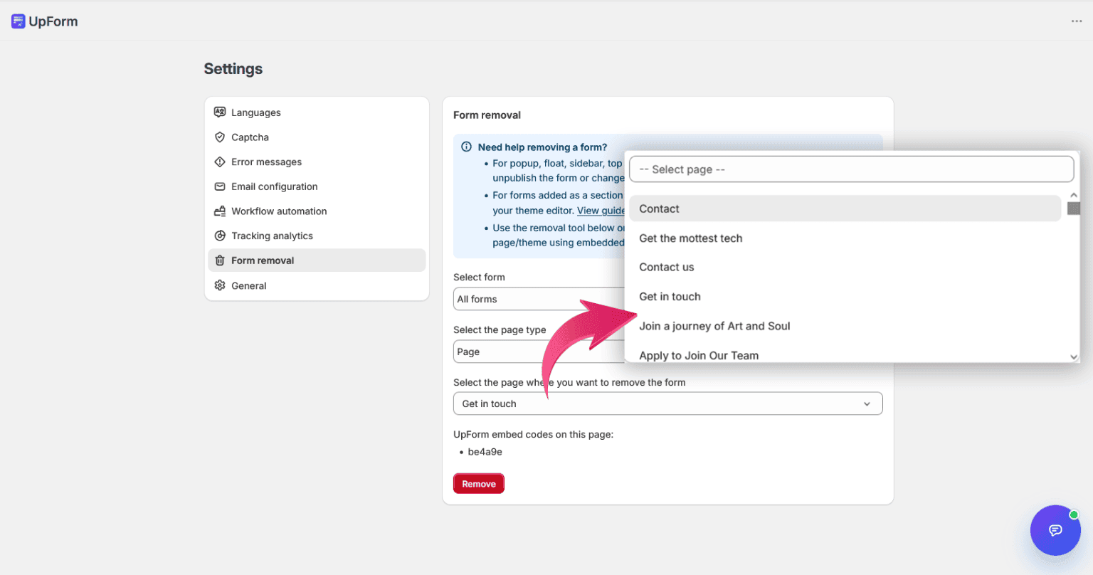 Select page to remove embed codes