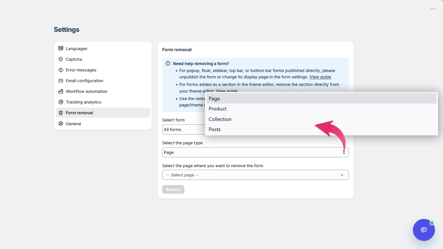 Select page type for form removal