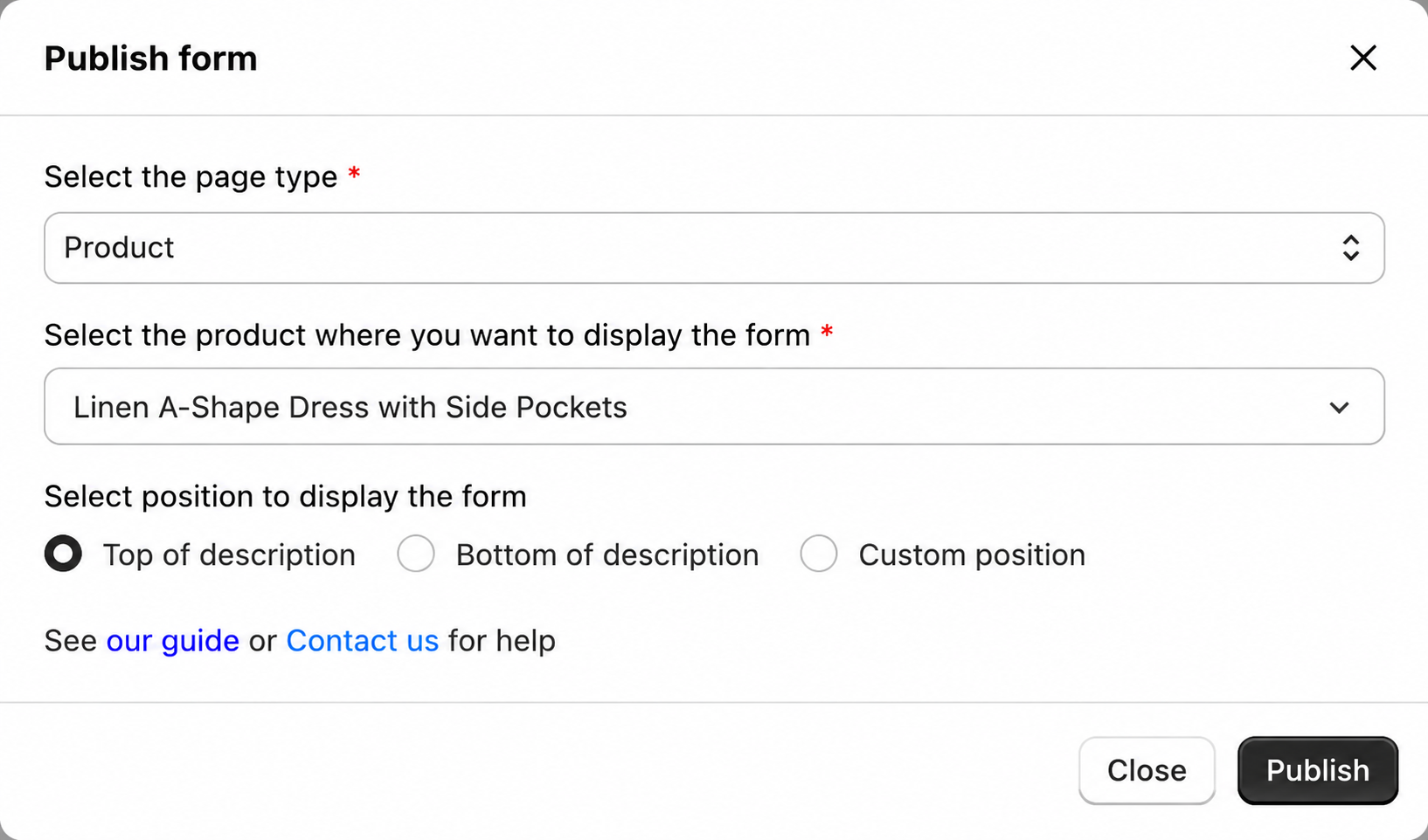 Select product and form display position
