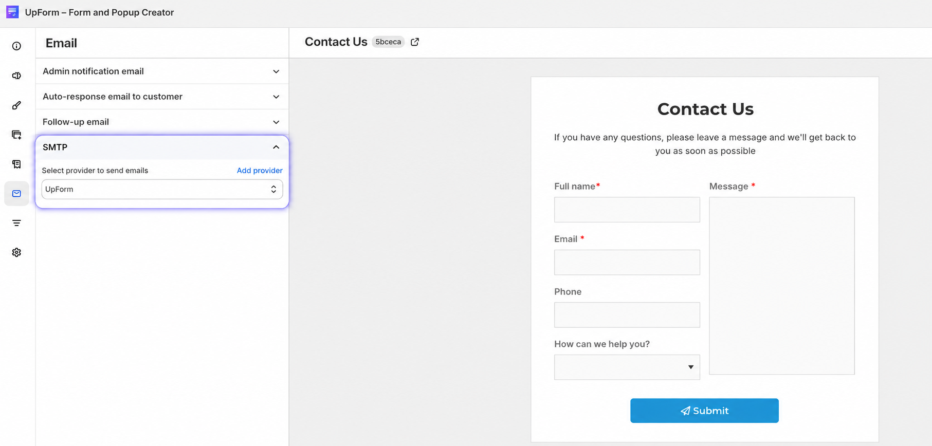 Select UpForm email provider for form