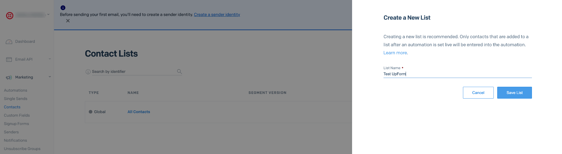Create new SendGrid contact list