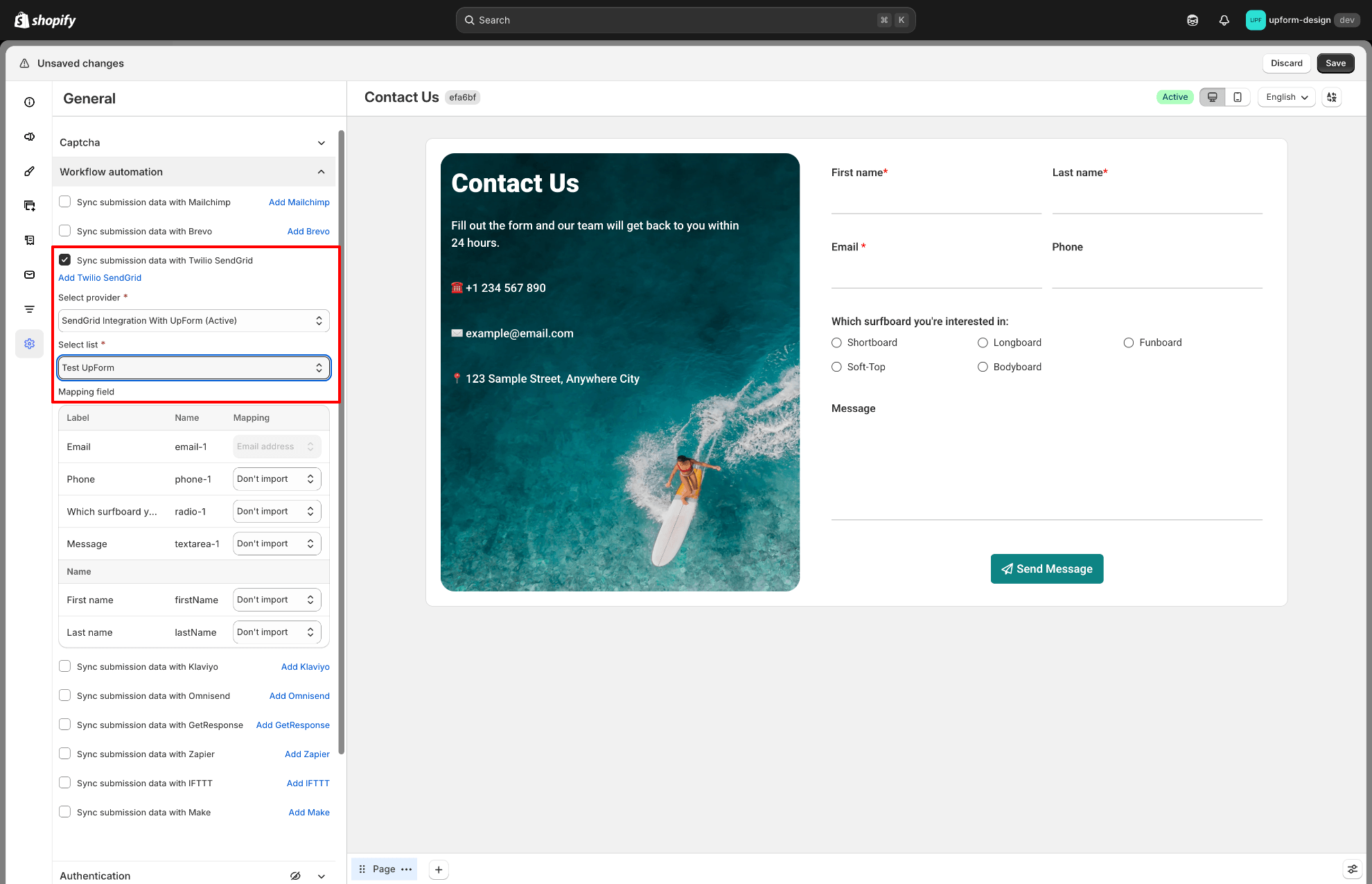 Form SendGrid list and sync settings