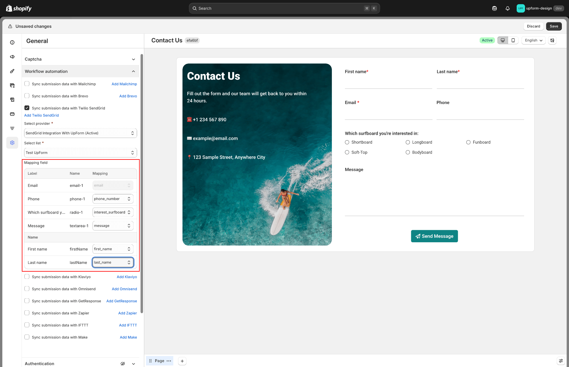 Map form fields to SendGrid fields