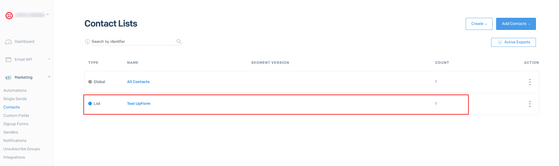 SendGrid contacts list after test sync