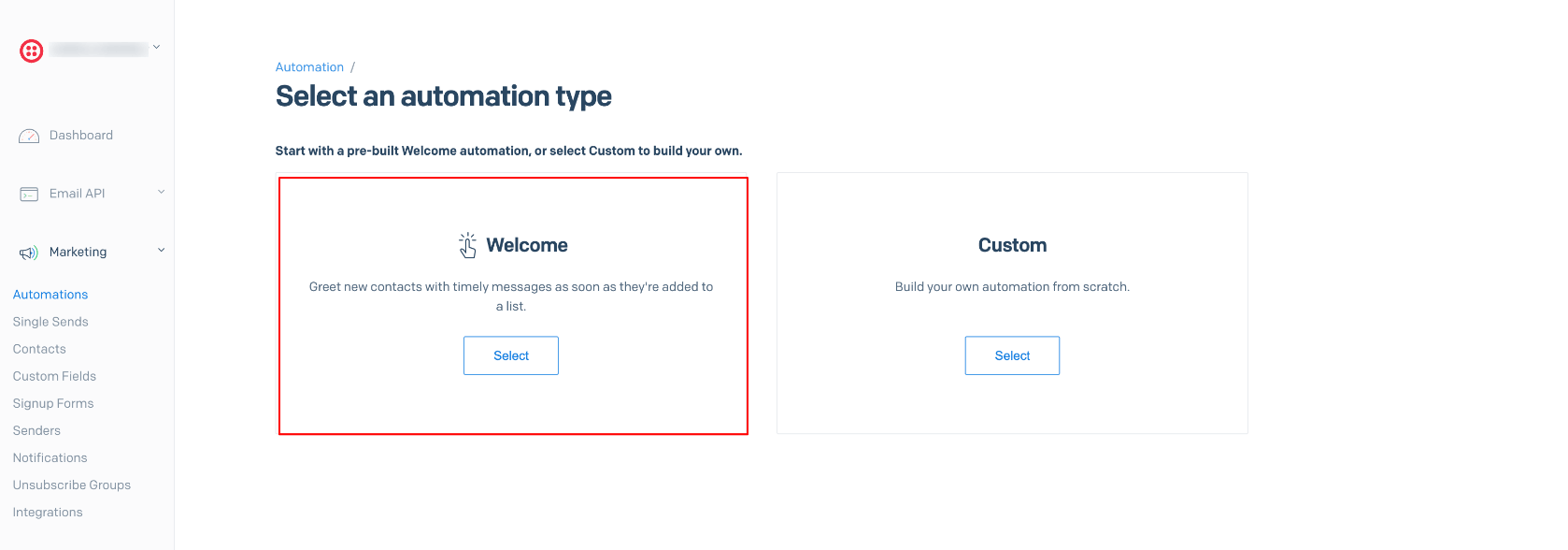 Create SendGrid Welcome or Custom automation