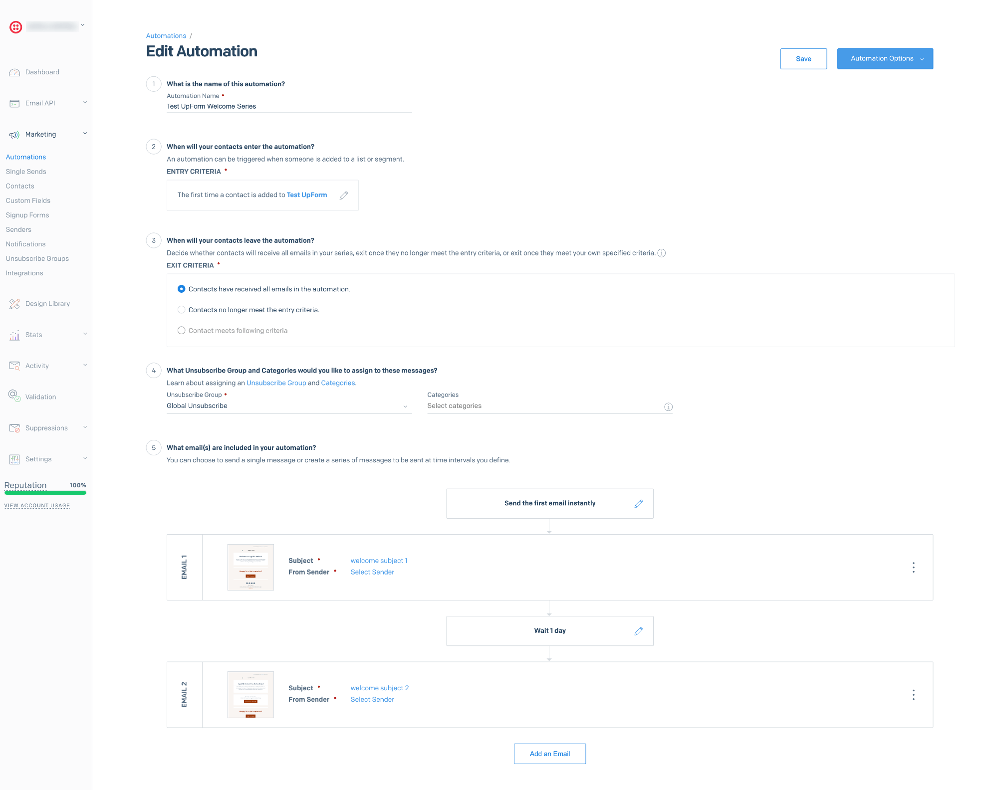 Configure SendGrid automation email series