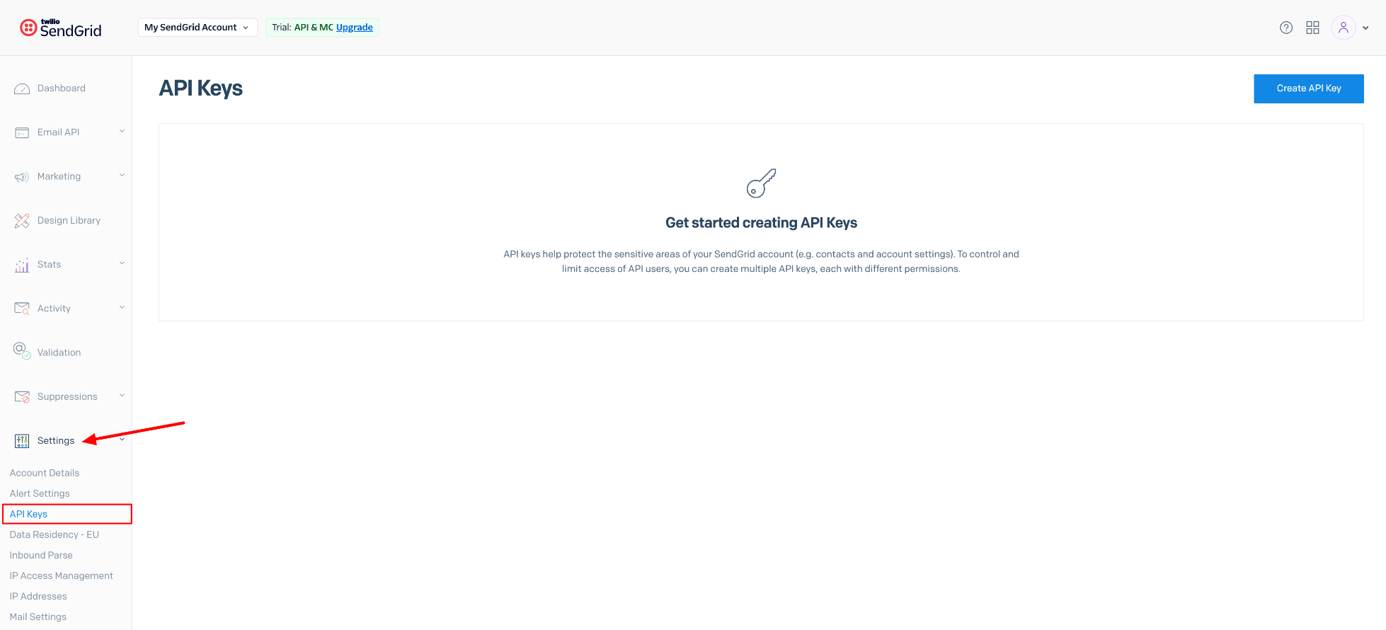 SendGrid Settings API Keys page