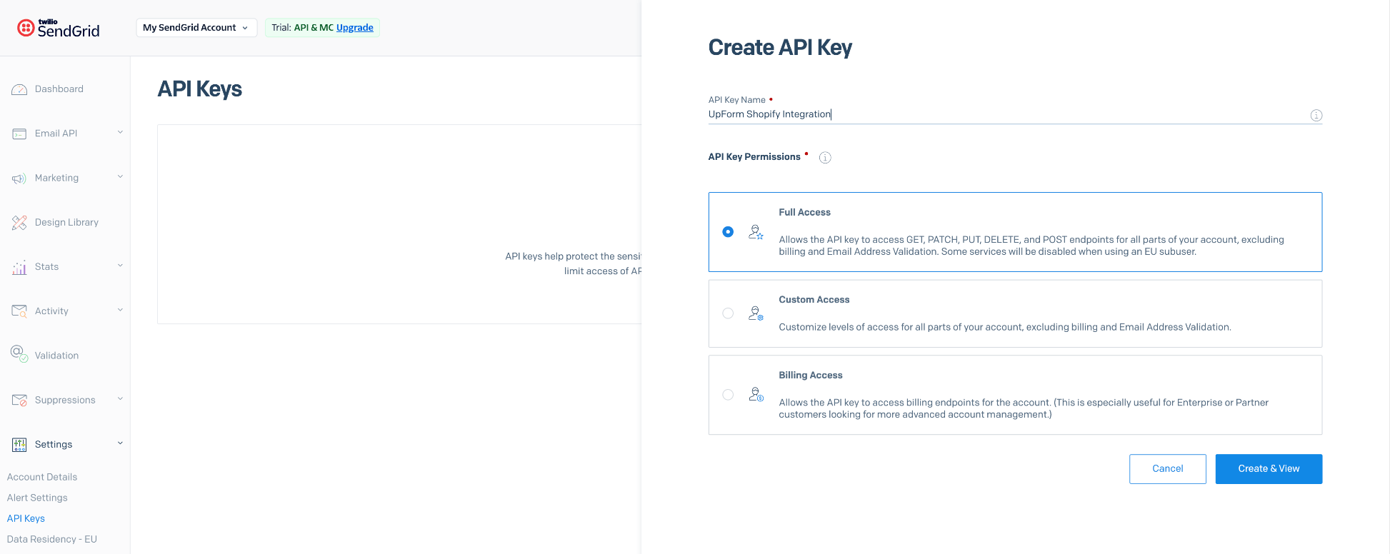 Create SendGrid API key permissions