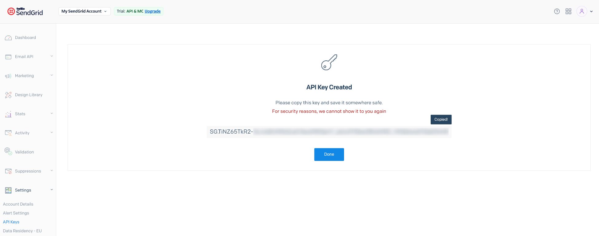 Copy new SendGrid API key