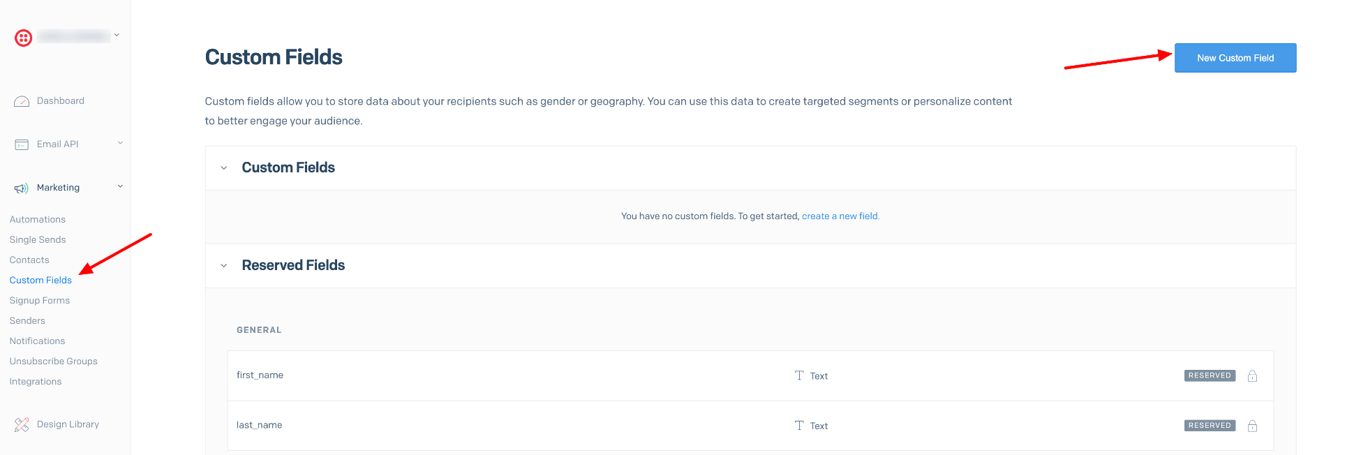SendGrid Marketing Custom Fields page