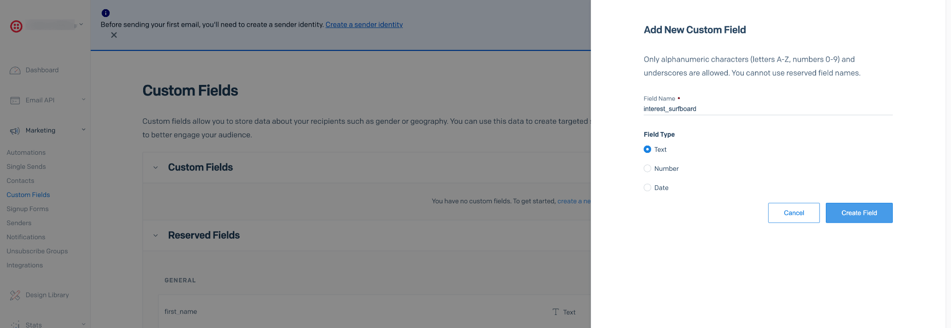 Create new SendGrid custom field