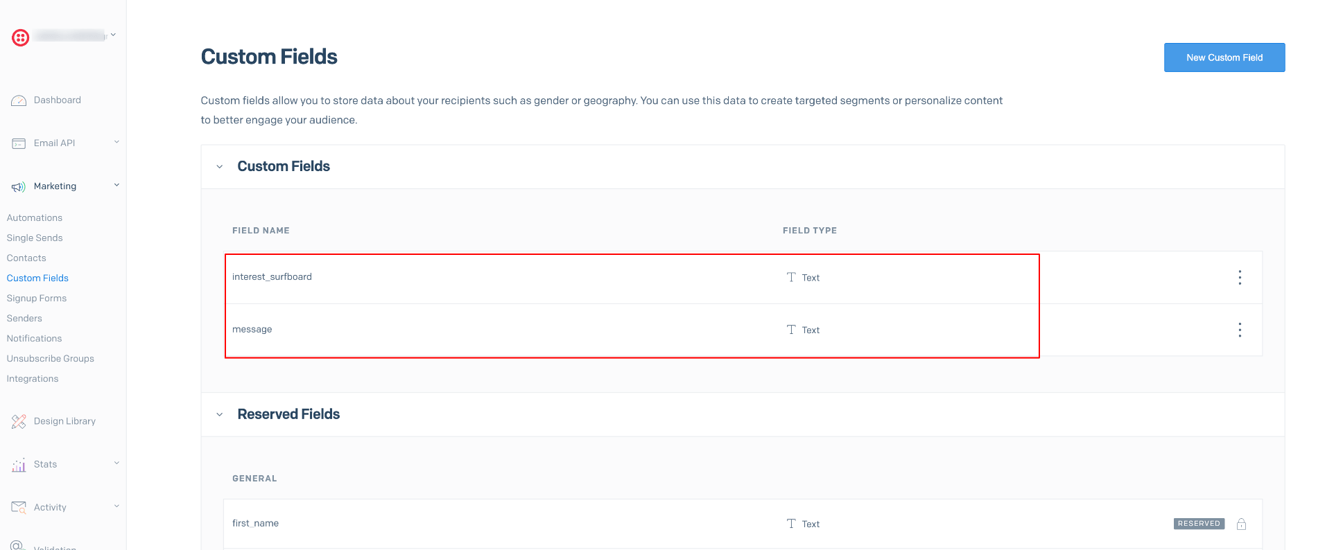 Configure SendGrid custom field name and type