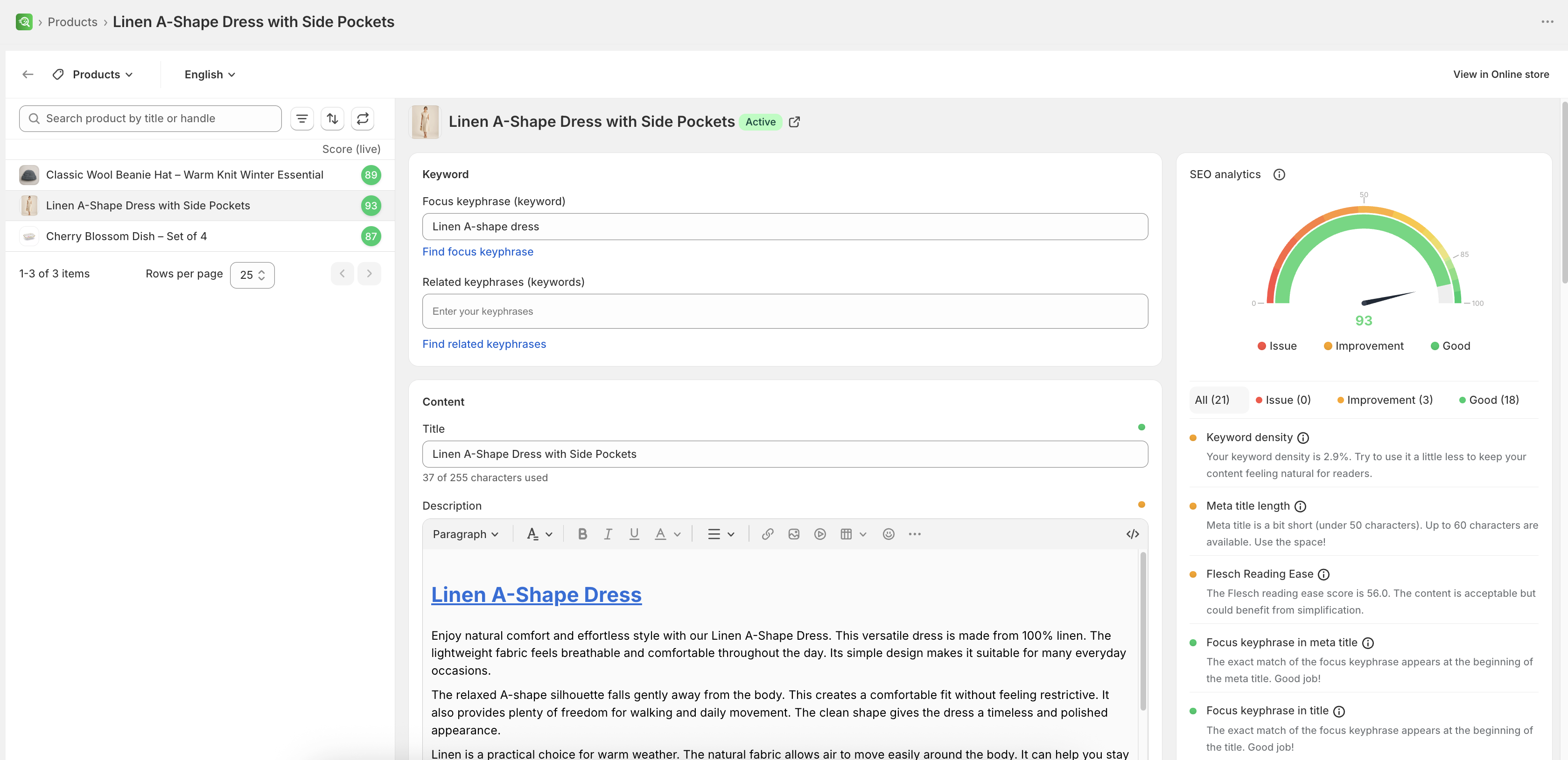 SEO Audit page editor with keyword and meta fields