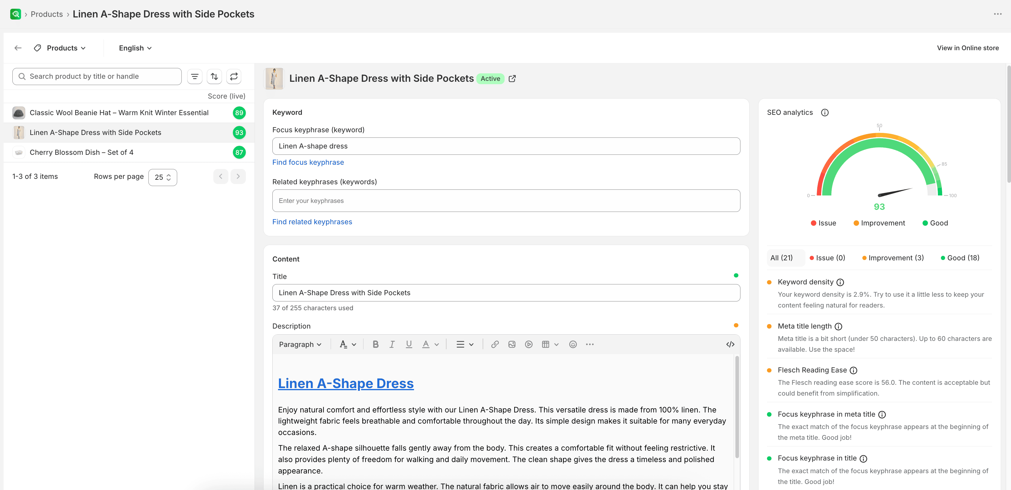 SEO Audit page editor with keyword and meta fields