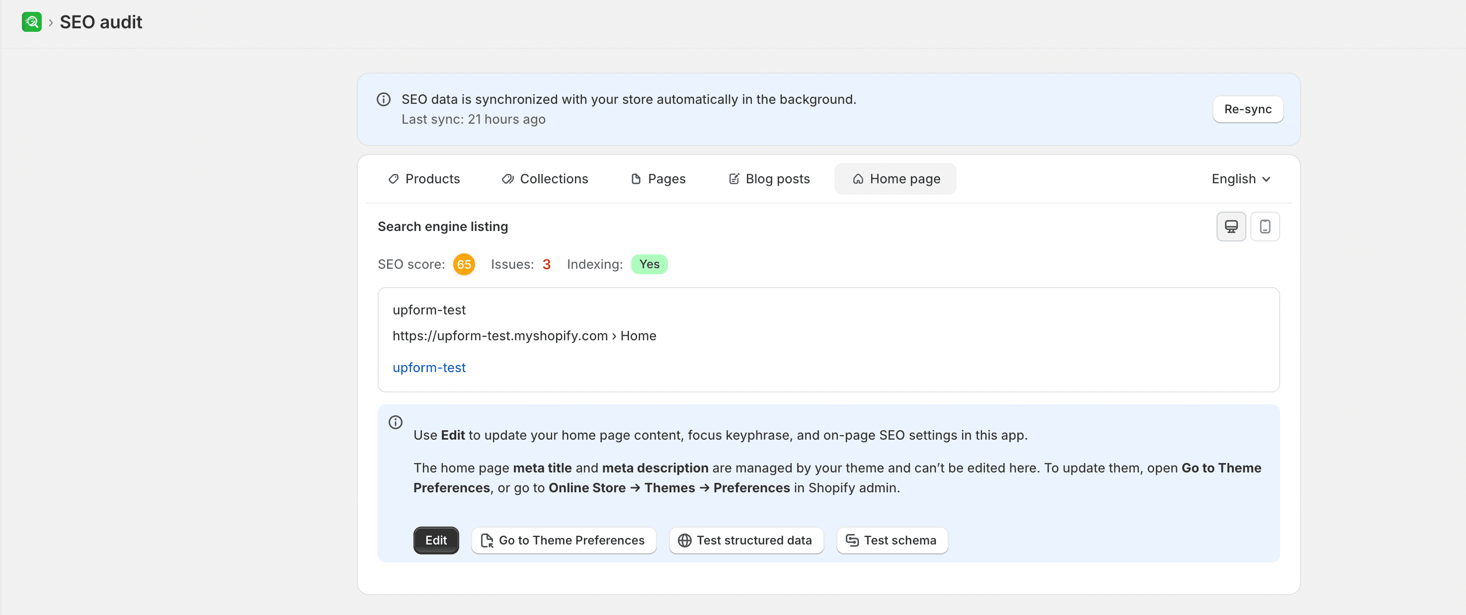 SEO Audit Home page tab with theme preferences link