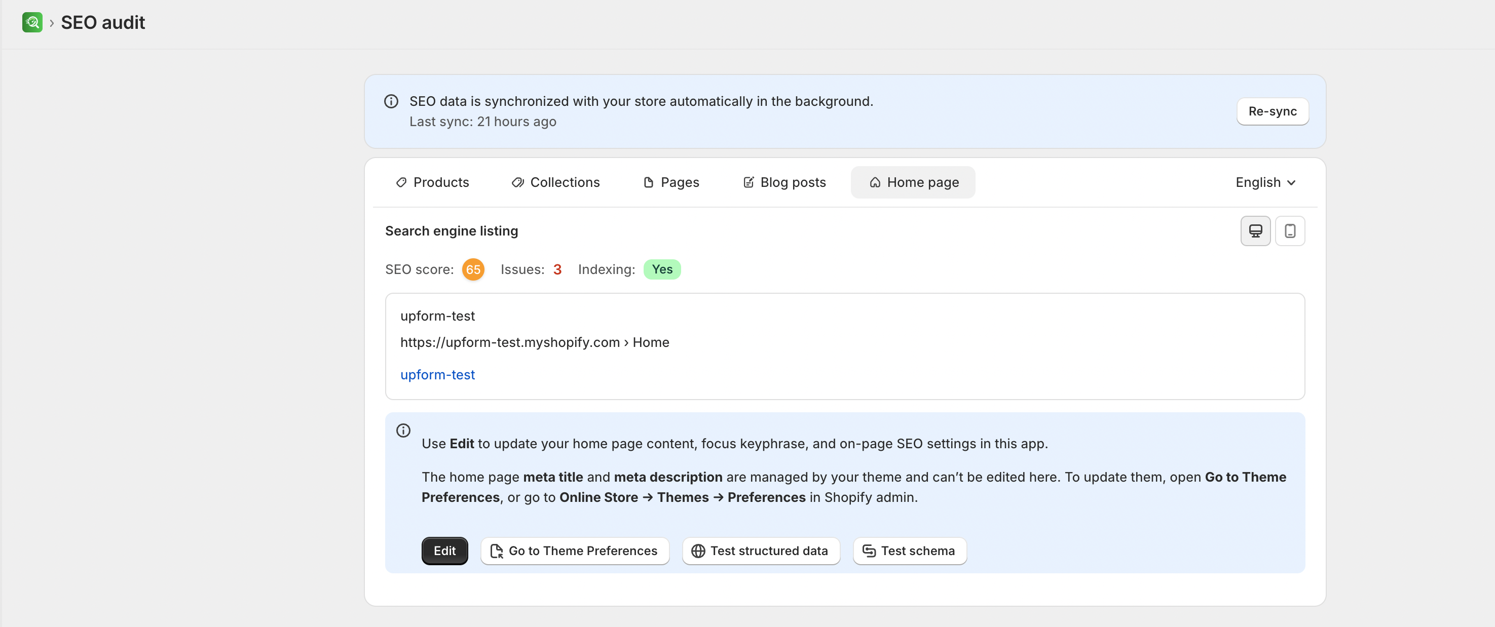 SEO Audit Home page tab with theme preferences link