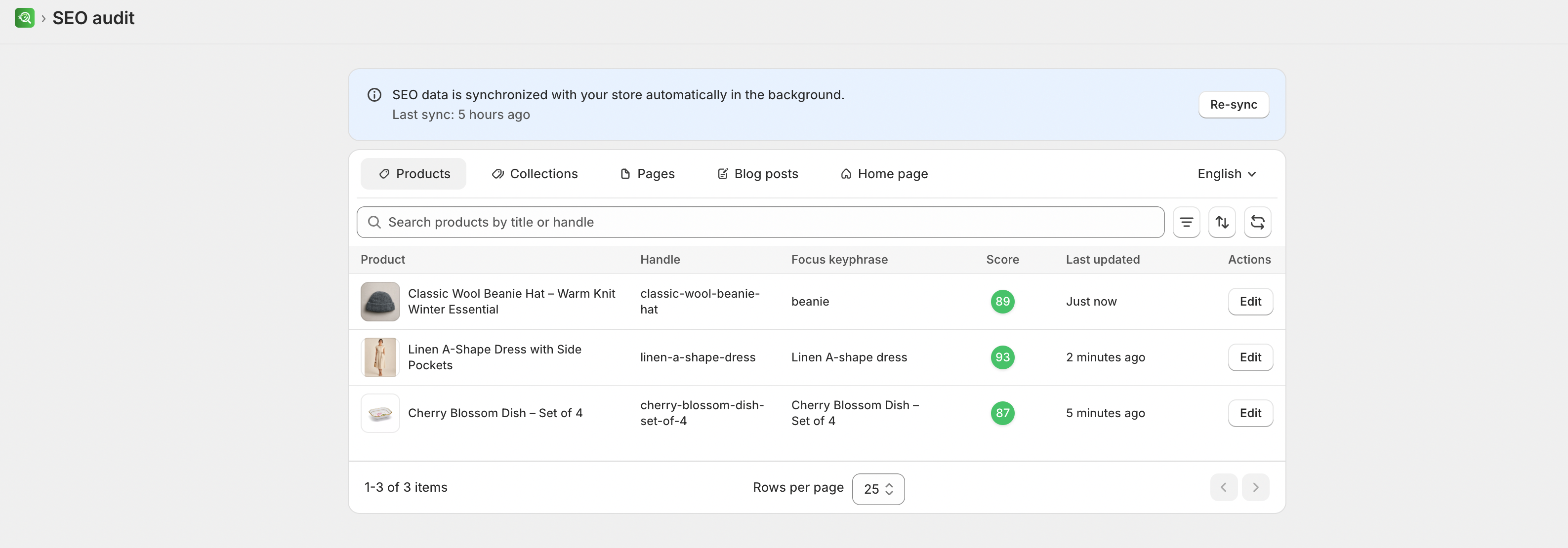 SEO Audit page list with resource tabs and filters