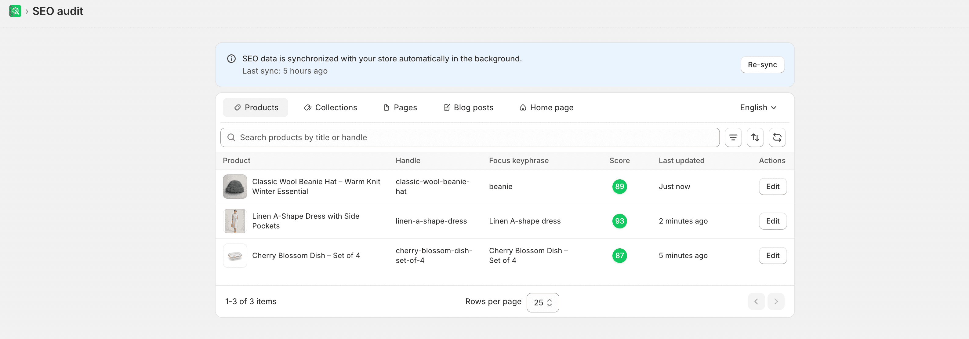 SEO Audit page list with resource tabs and filters
