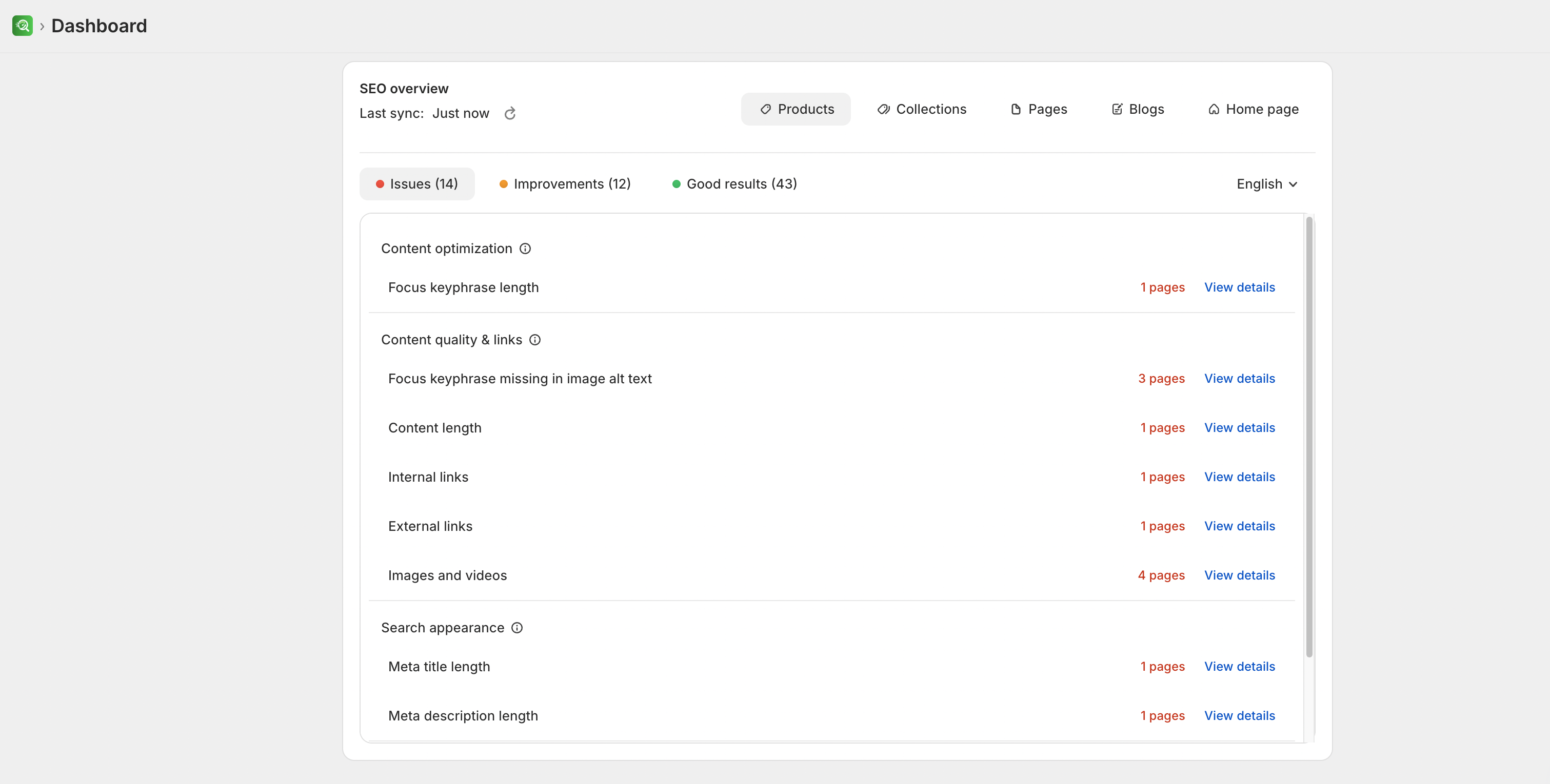 SEO overview card on the SEOEngine Dashboard showing Issues, Improvements, and Good results grouped by check category