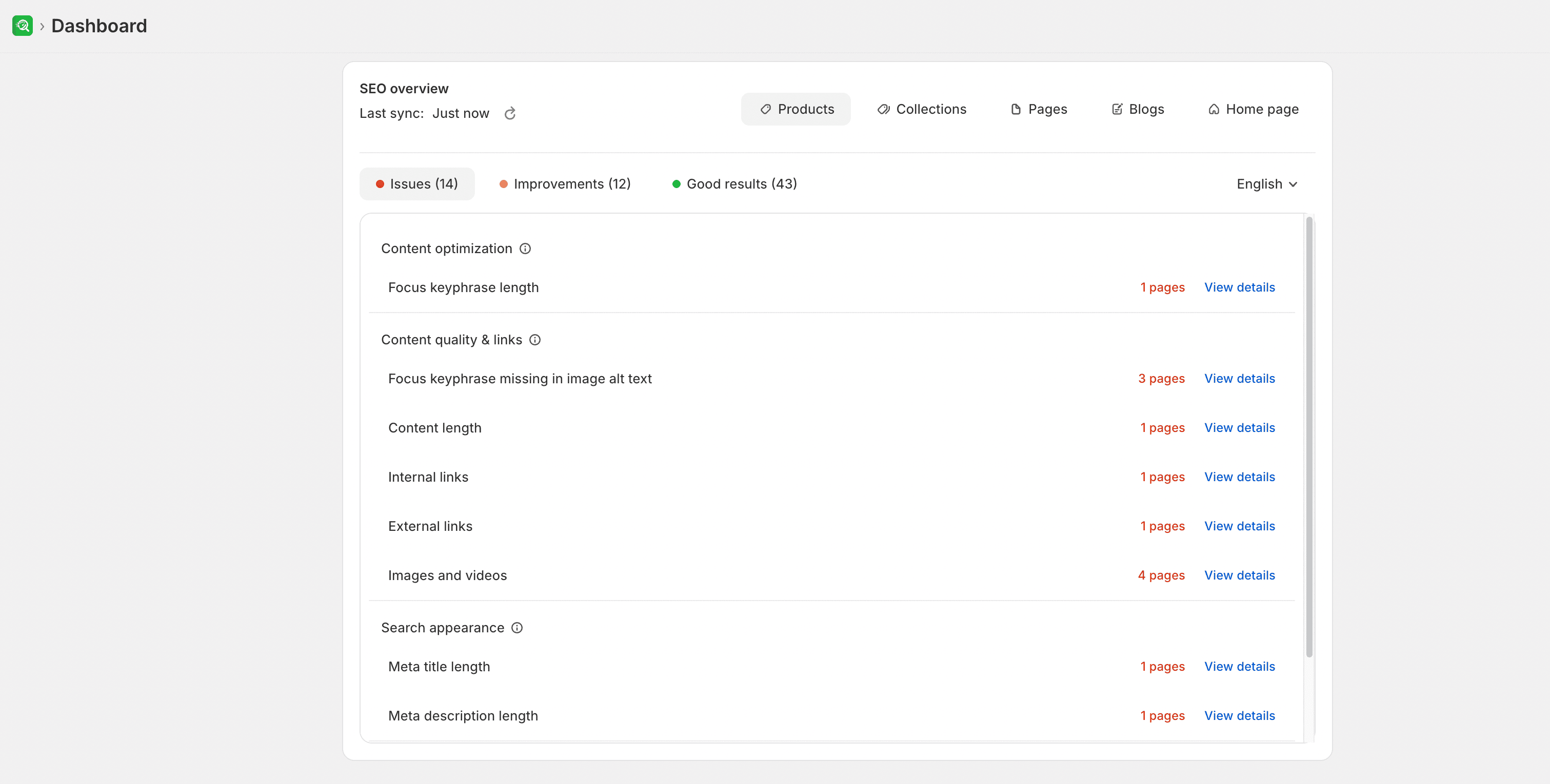 SEO overview card on the SEOEngine Dashboard showing Issues, Improvements, and Good results grouped by check category