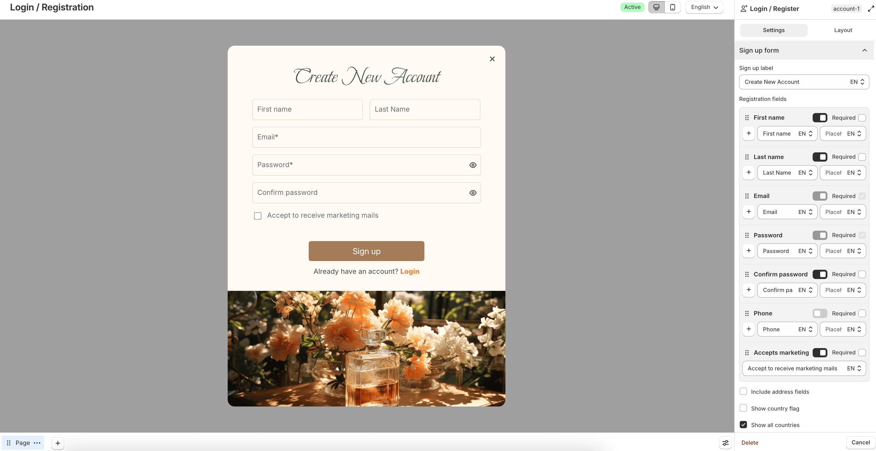 Sign-up form field settings