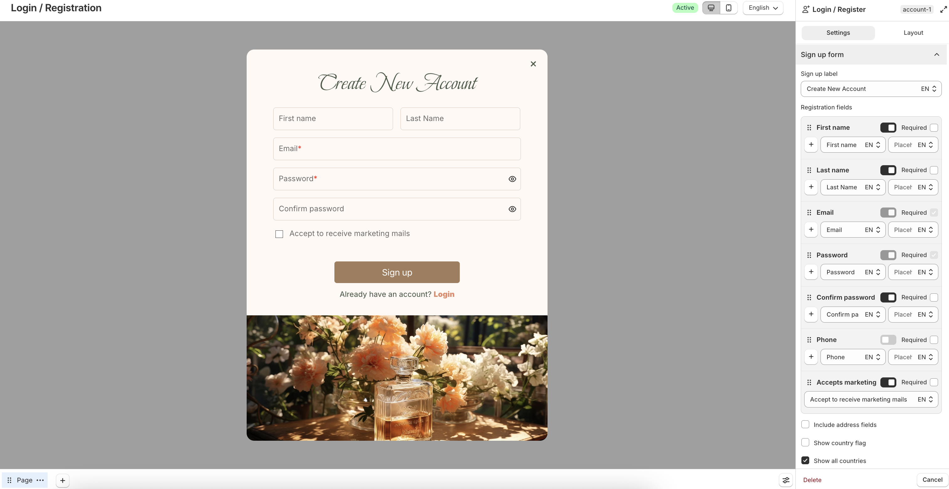 Sign-up form field settings