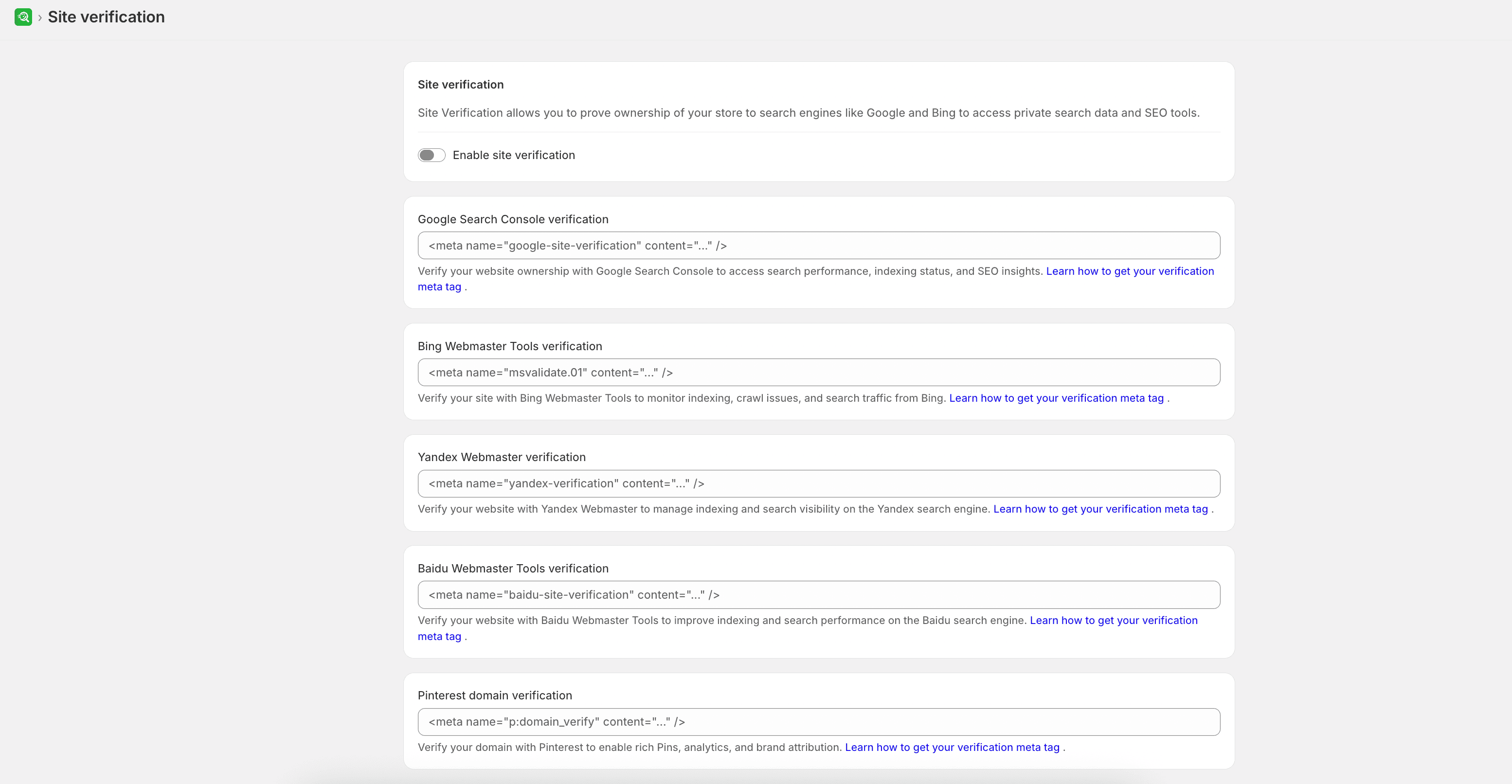 Site verification fields