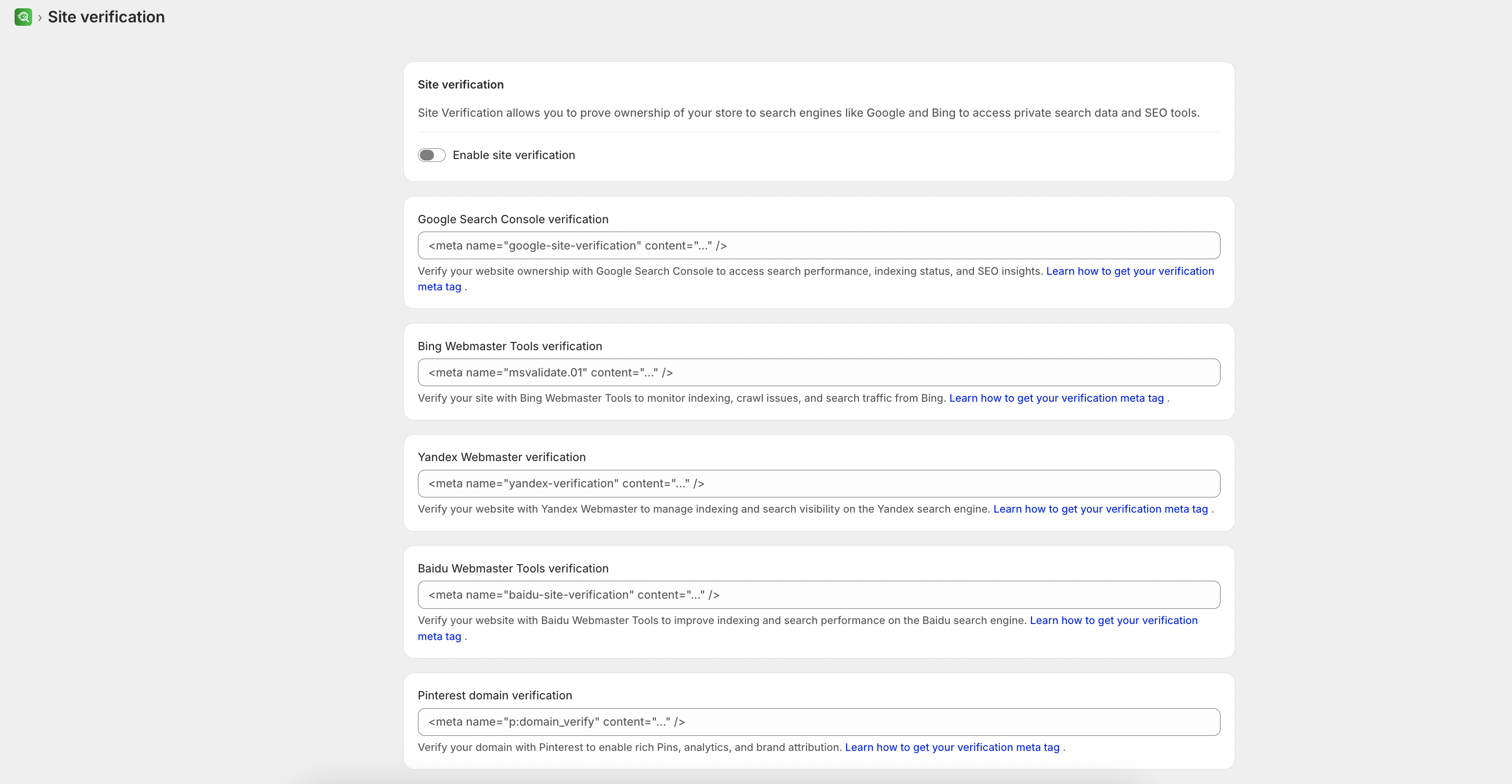 Site verification fields