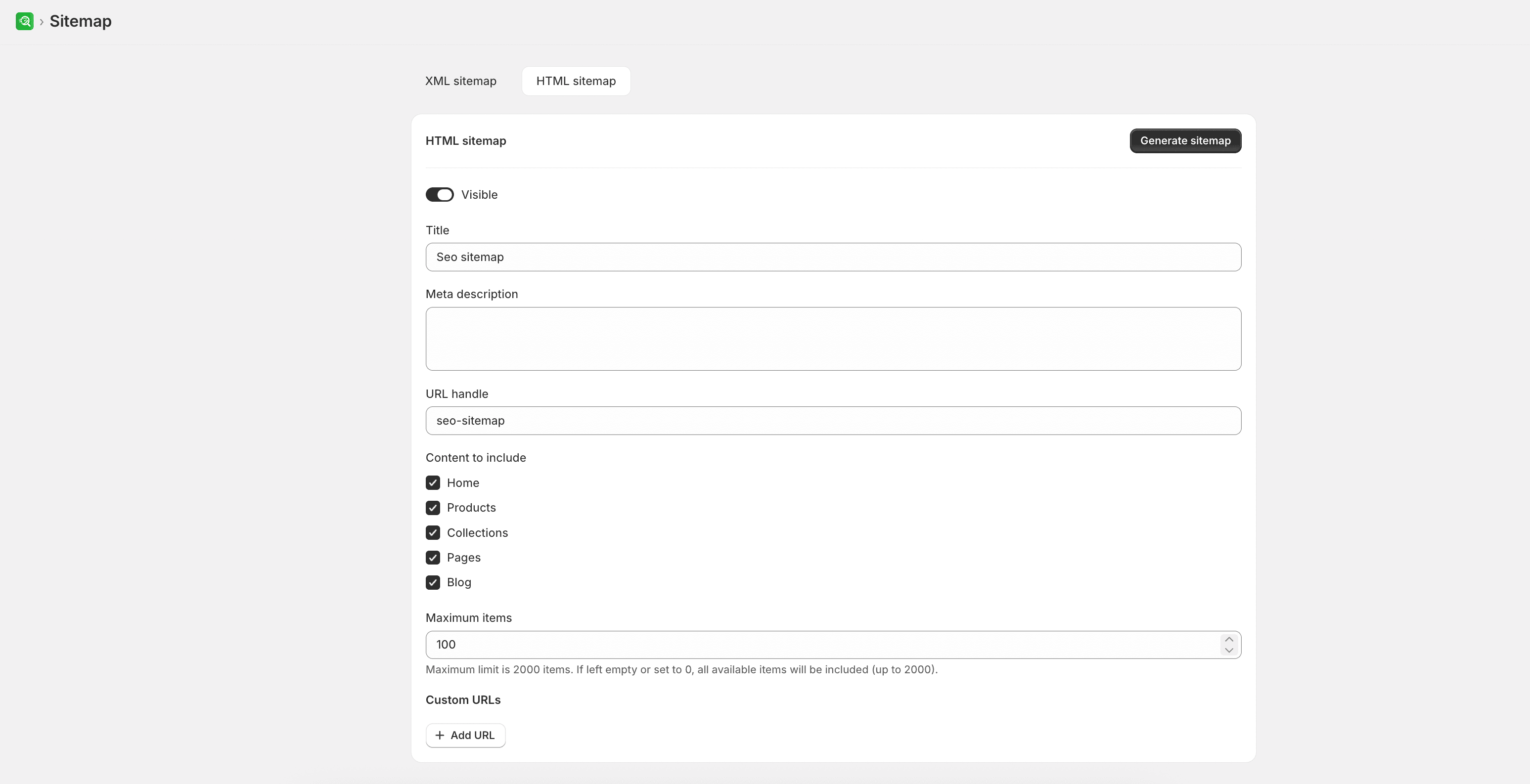 HTML Sitemap settings