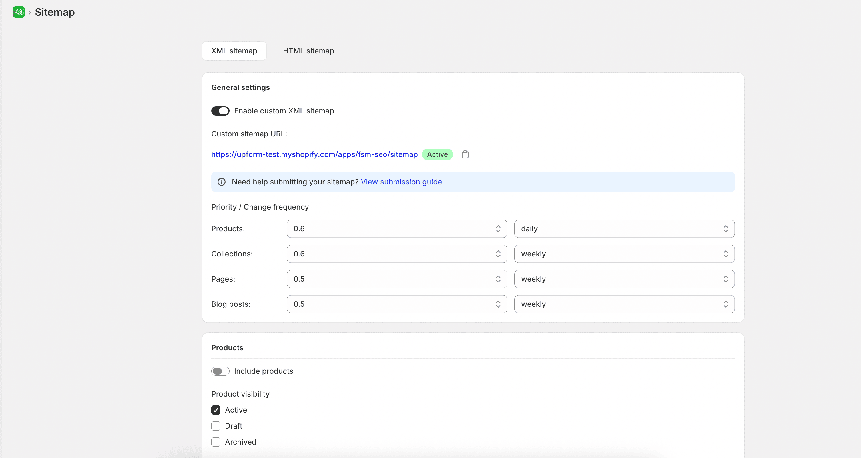 XML Sitemap settings