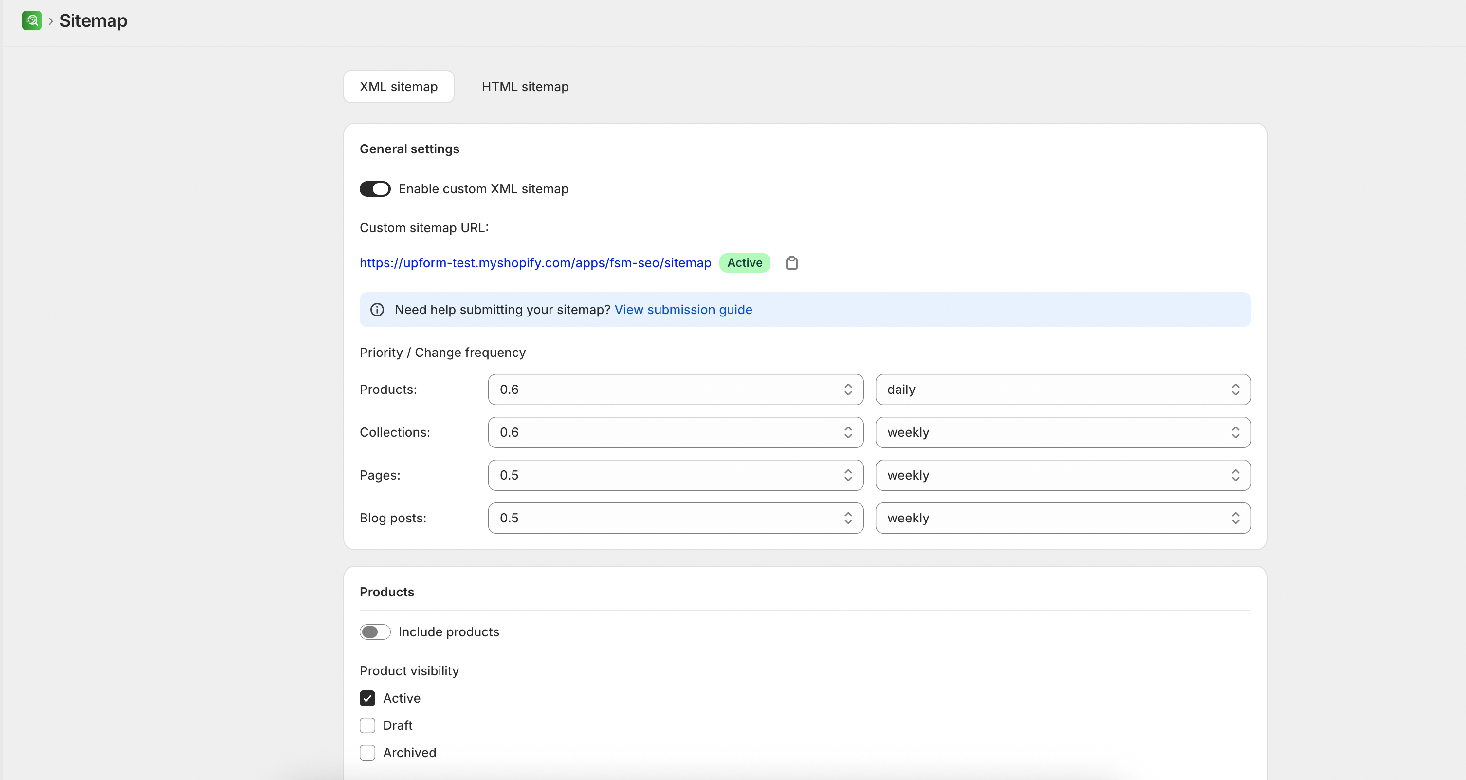 XML Sitemap settings