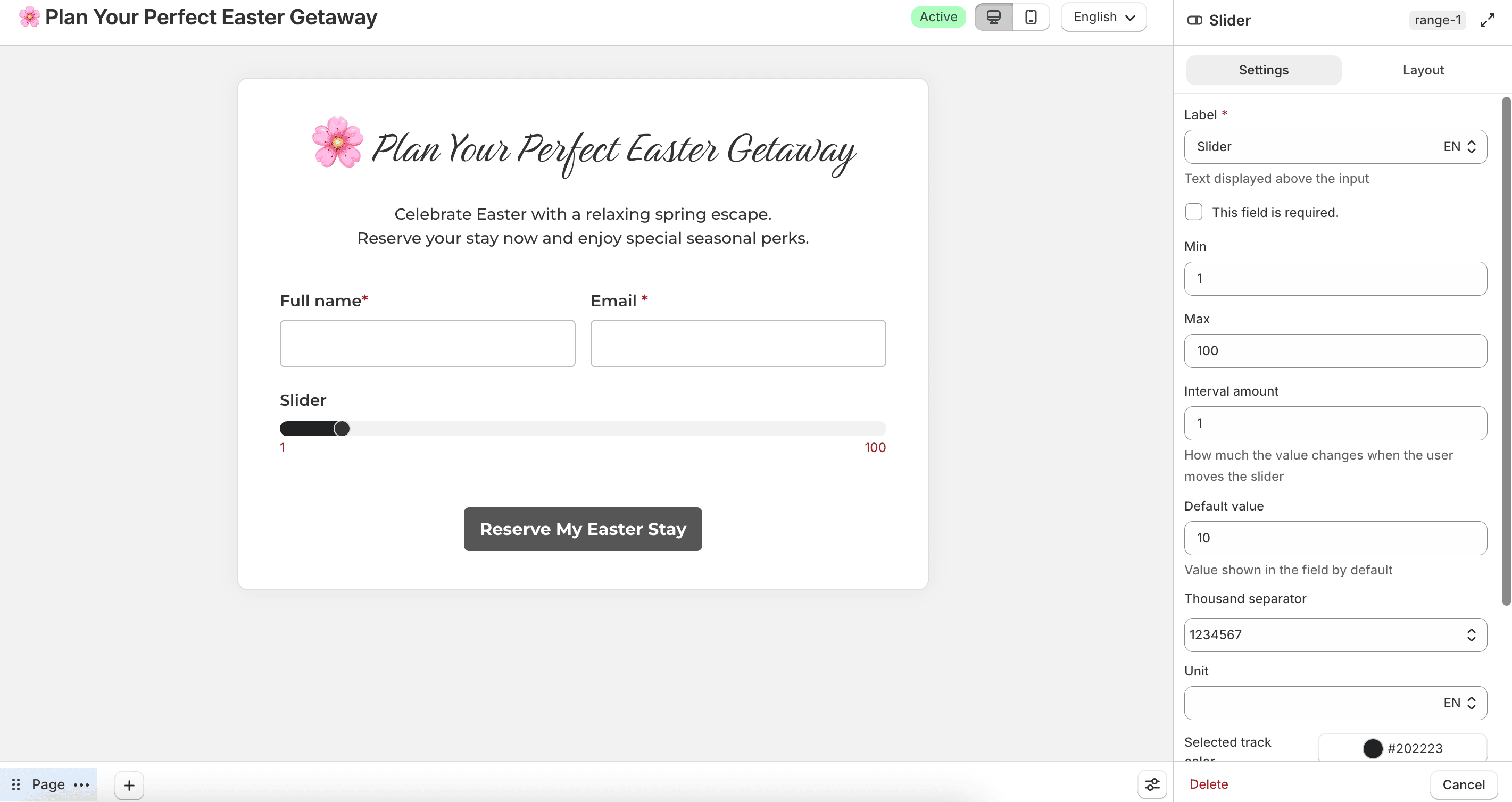 Slider field settings