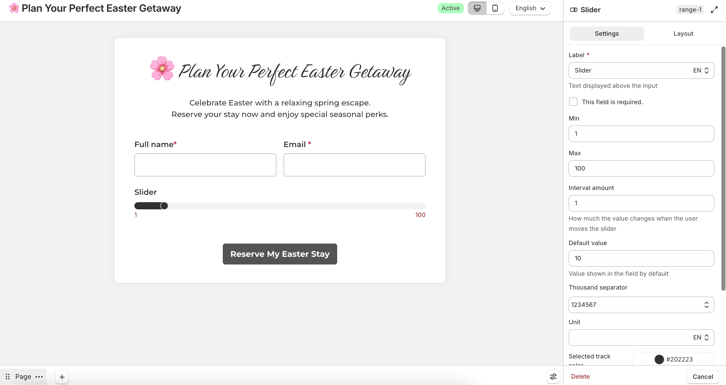 Slider field settings