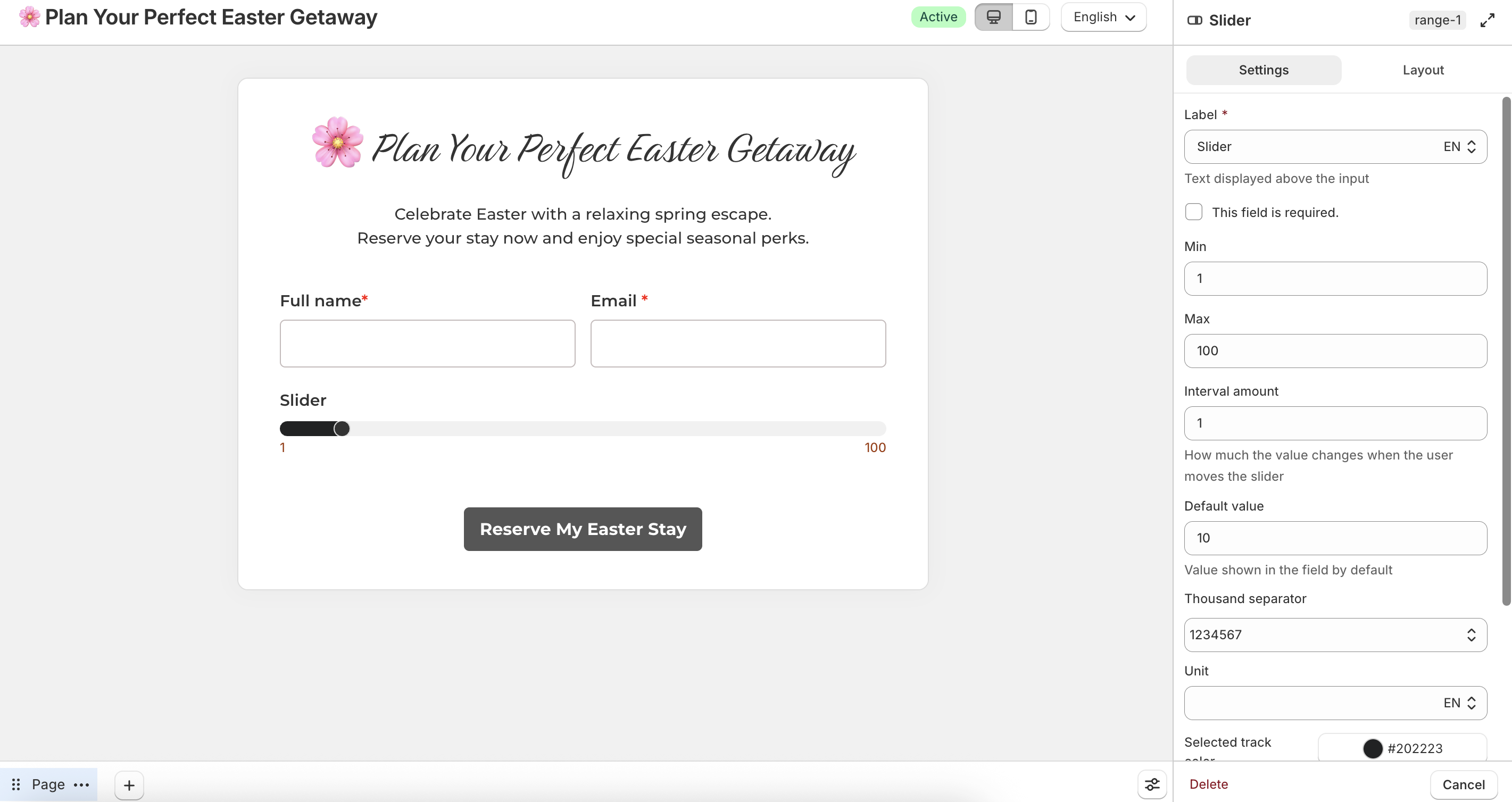 Slider field settings