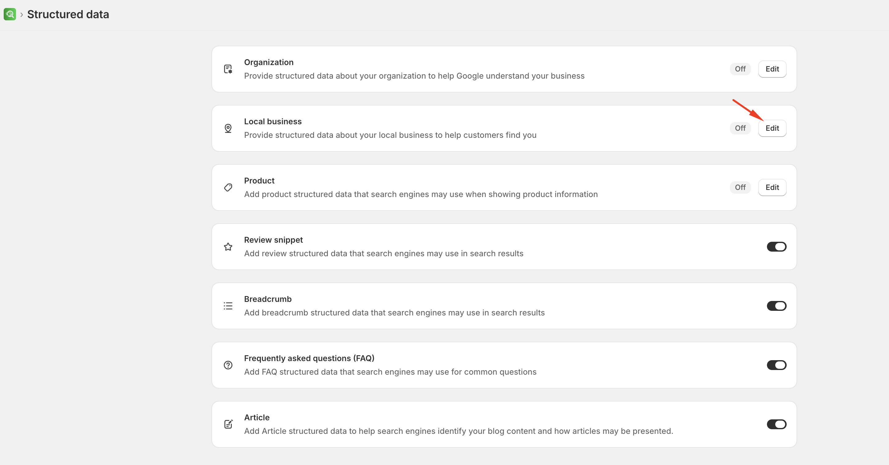 Local Business schema settings